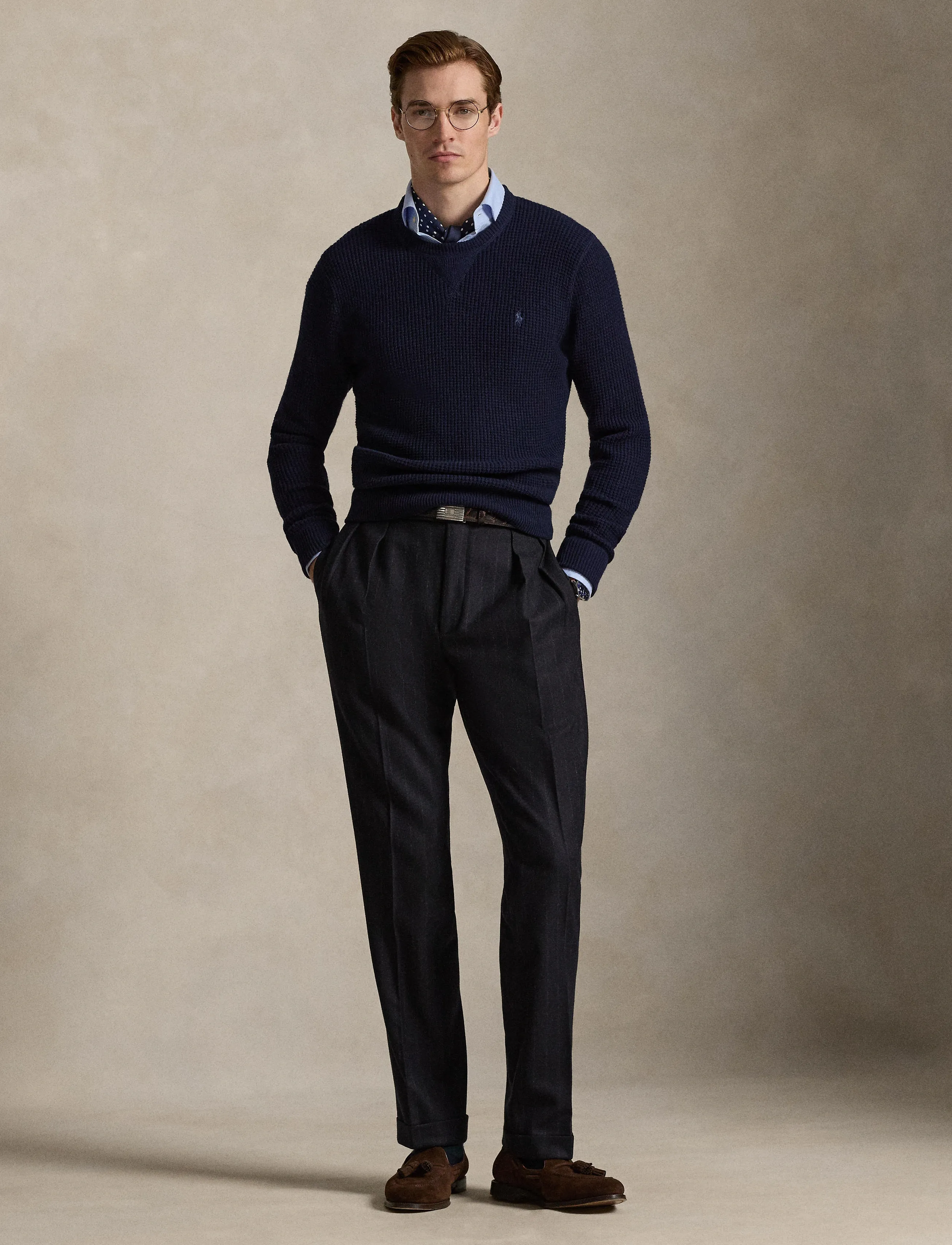 Polo Ralph Lauren Waffle-Knit Wool-Cotton Sweater, S, Navy, Strik > Runde Halse, Herre