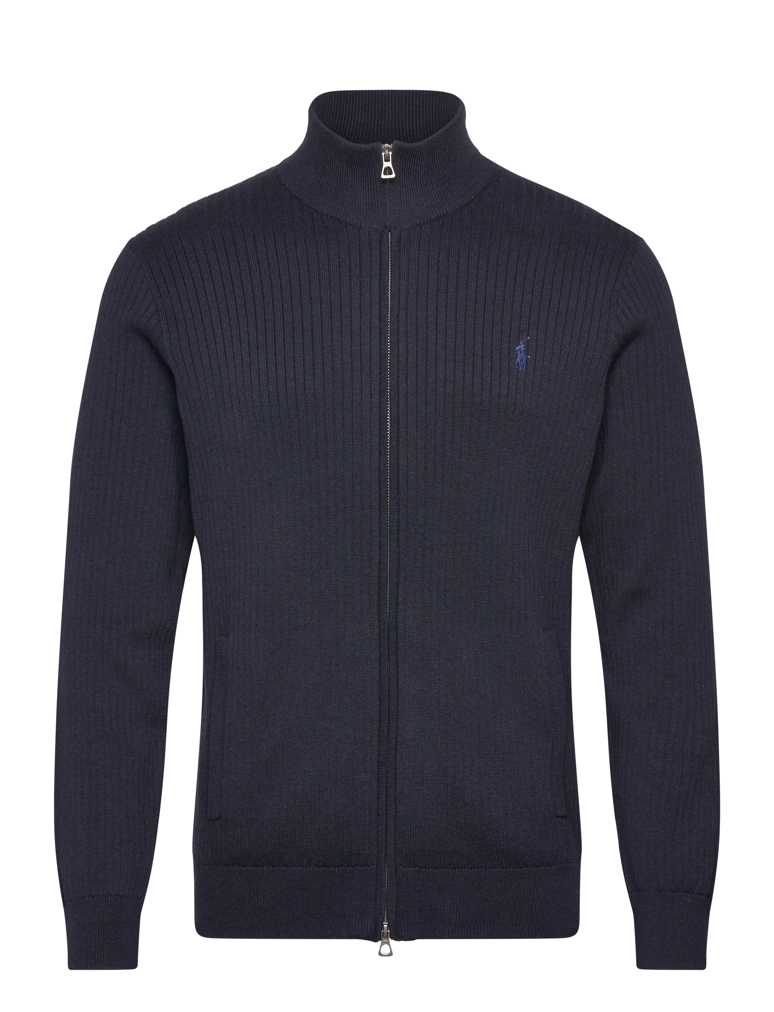 Rib-Knit Cotton Full-Zip Sweater - NAVY HTHR