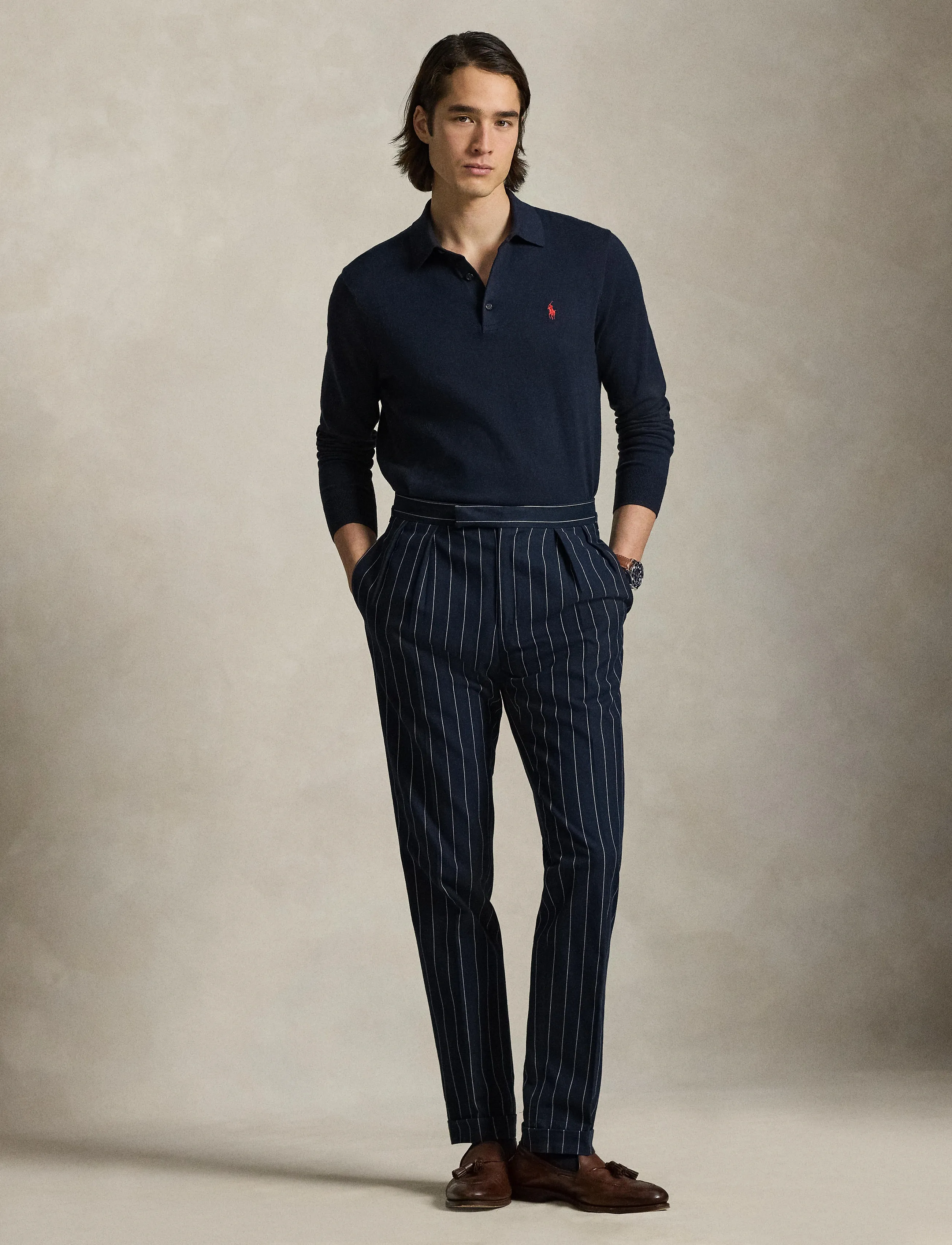 Polo Ralph Lauren Cotton Polo-Collar Sweater, S, Polos, Marineblau - Long-sleeved, Männerswear