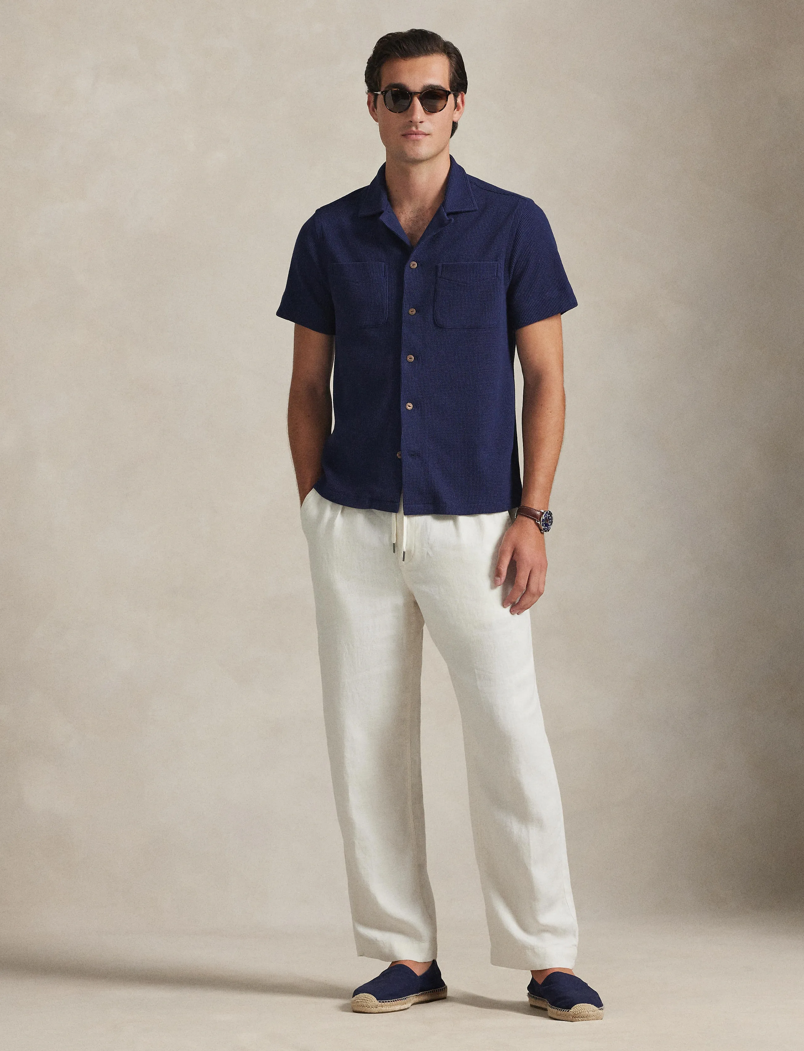 Polo Ralph Lauren COTTON LINEN WAFFLE-KNT-PULLOVER - Short-sleeved shirts - NEWPORT NAVY / navy