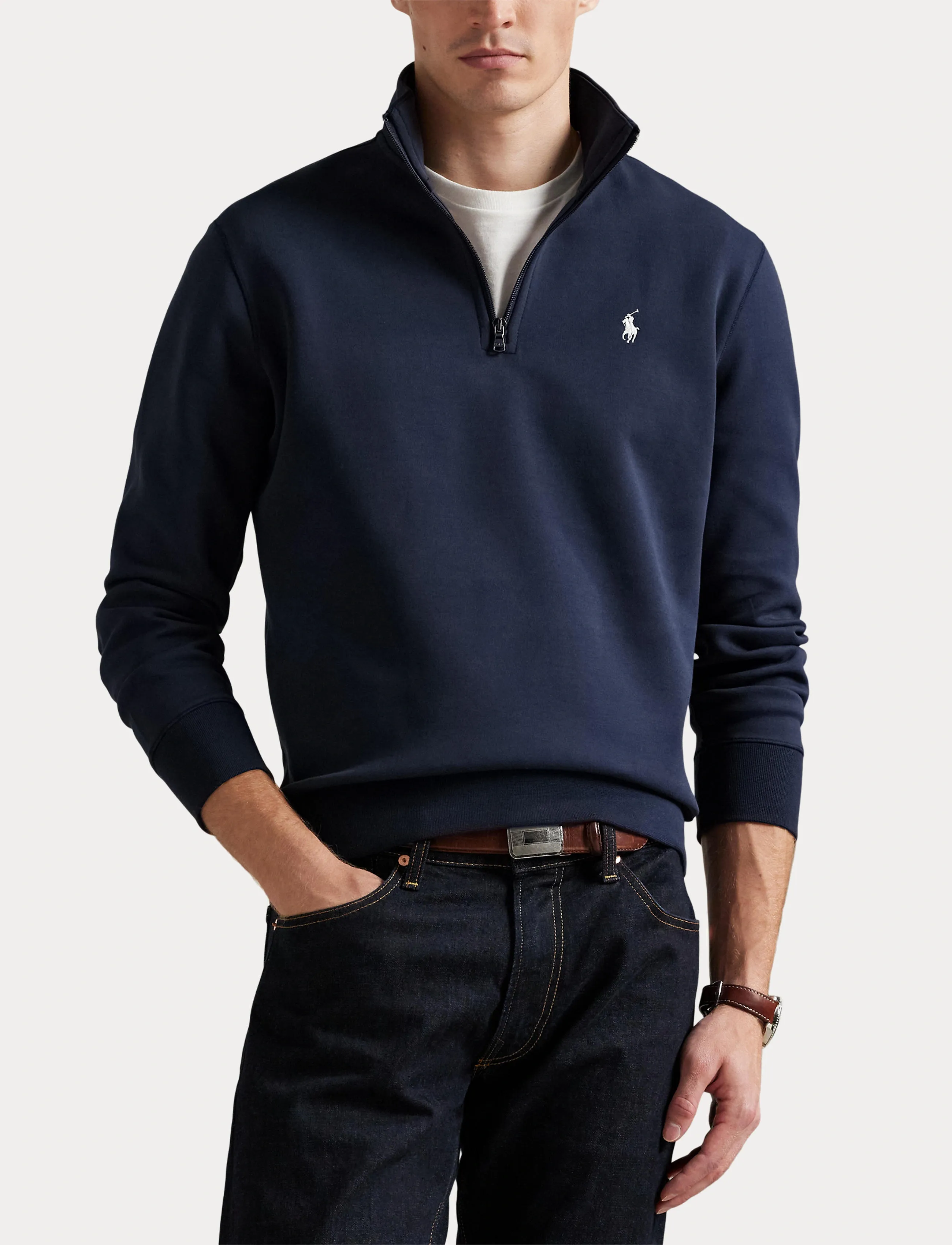 Polo Ralph Lauren Dubbelstickad tröja med kort dragkedja i marinblå färg herr – bild 7