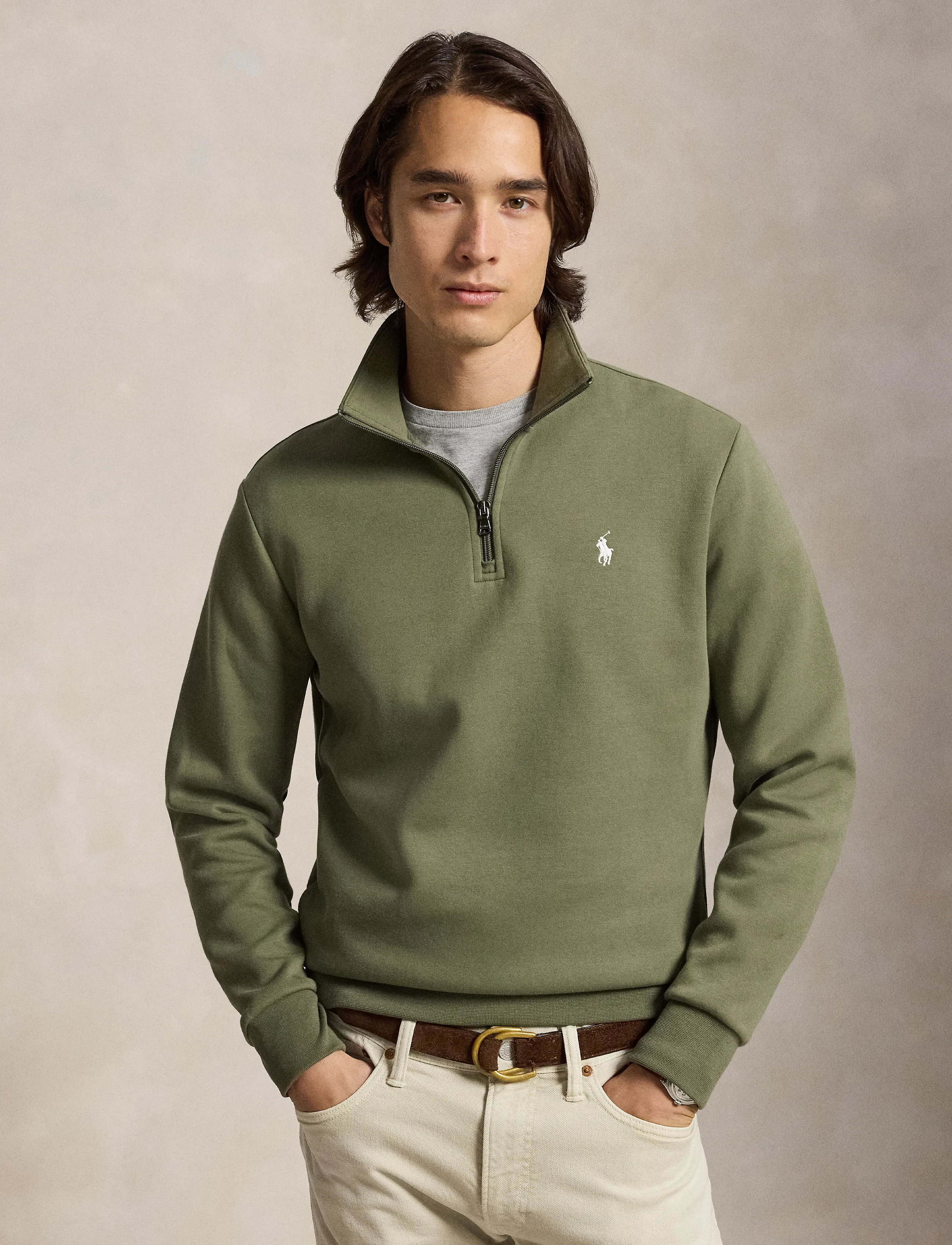 Polo Ralph Lauren Double-Knit Quarter-Zip Pullover, Mænd, Half-Zip Sweatshirt, Kakigrøn, Str: XL