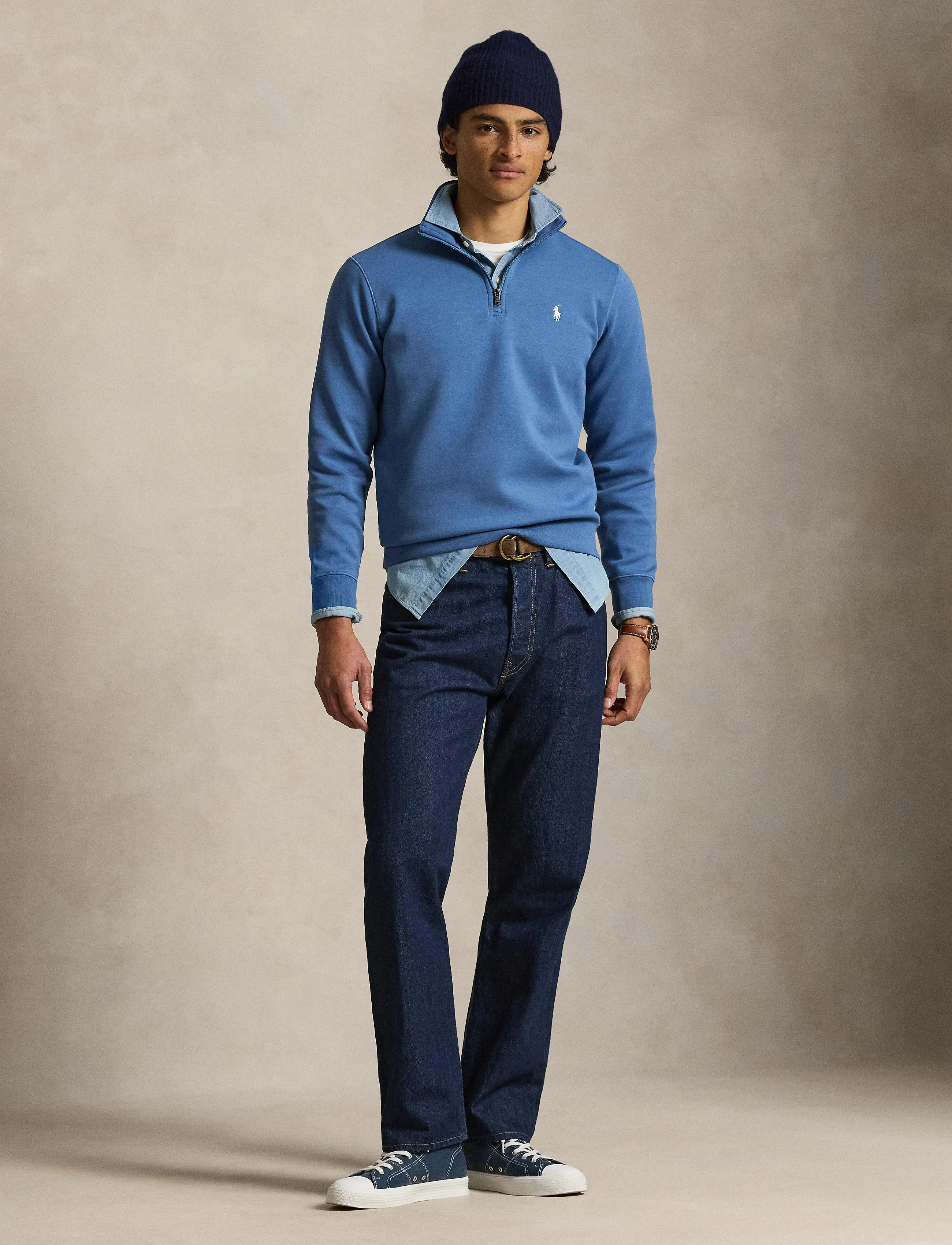 Polo Ralph Lauren Double-Knit Quarter-Zip Pullover, Mænd, Half-Zip Sweatshirt, Blå, Str: M