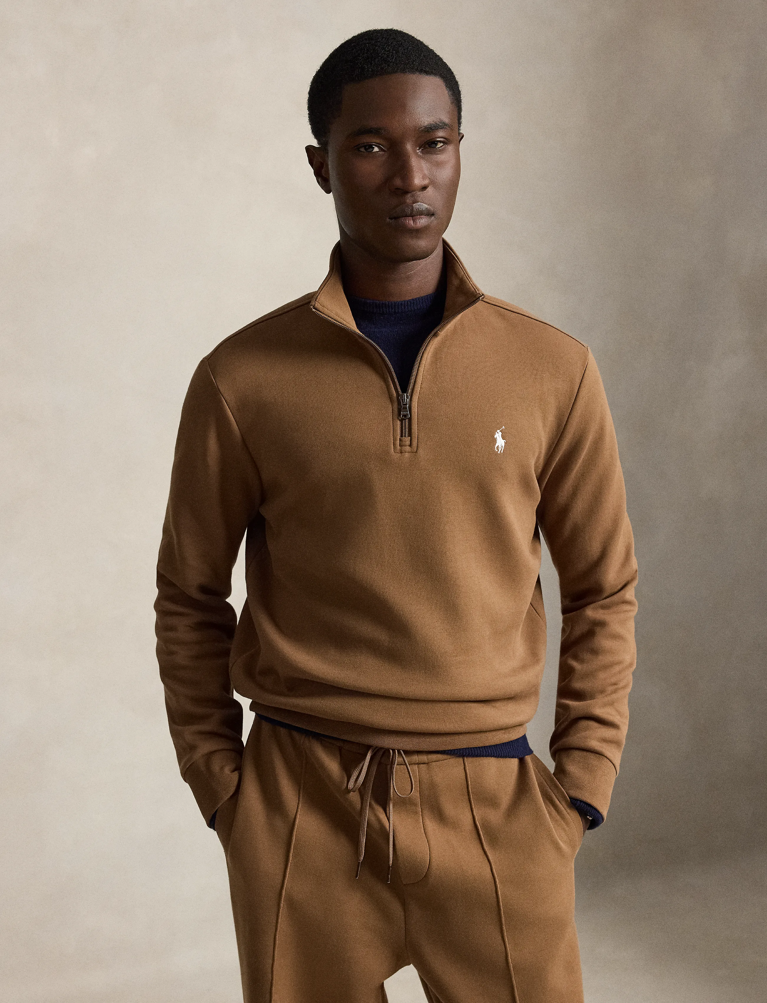 Polo Ralph Lauren Double-Knit Quarter-Zip Pullover, Mænd, Half-Zip Sweatshirt, Brun, Str: L