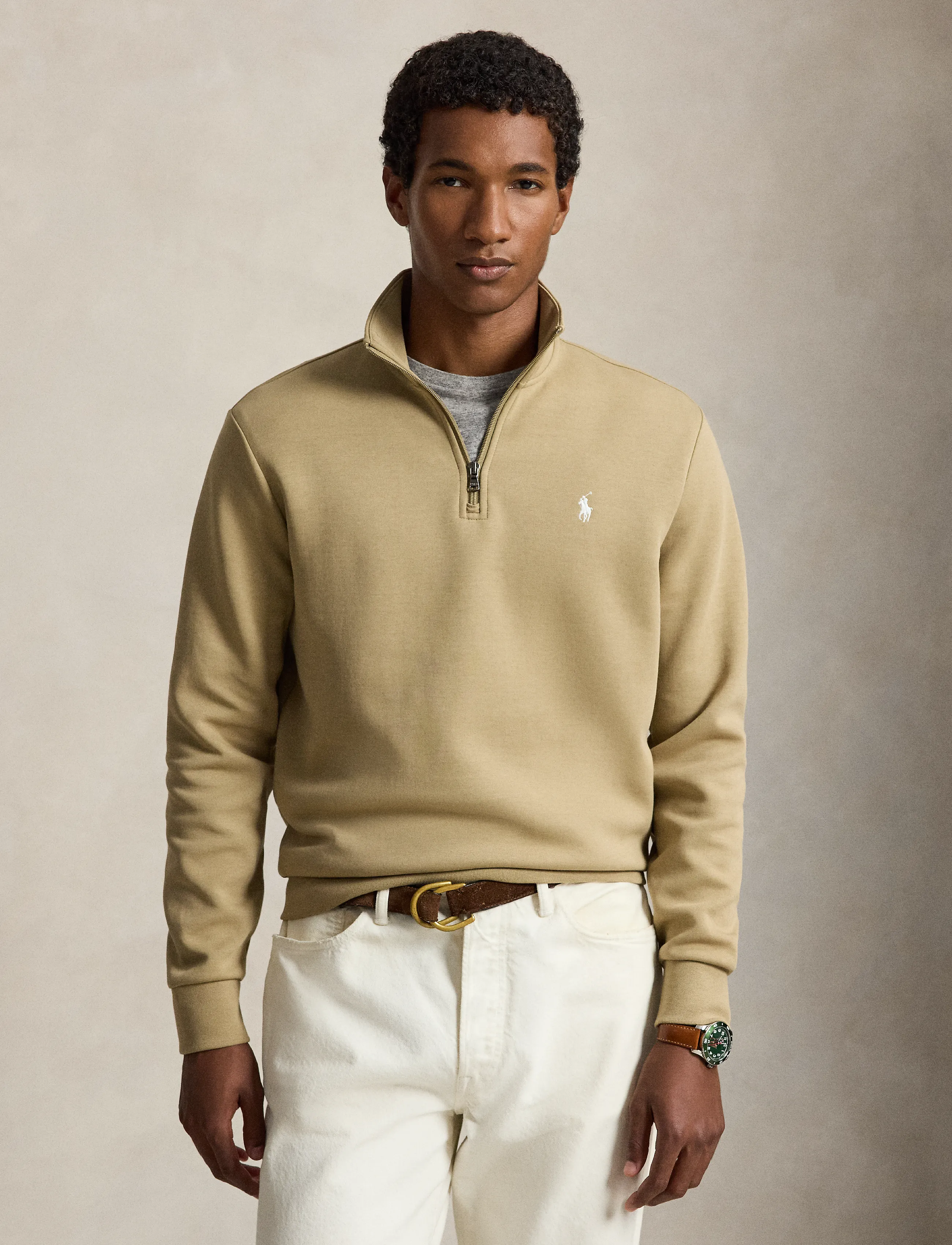 Polo Ralph Lauren Double-Knit Quarter-Zip Pullover, Mænd, Half-Zip Sweatshirt, Beige, Str: XS