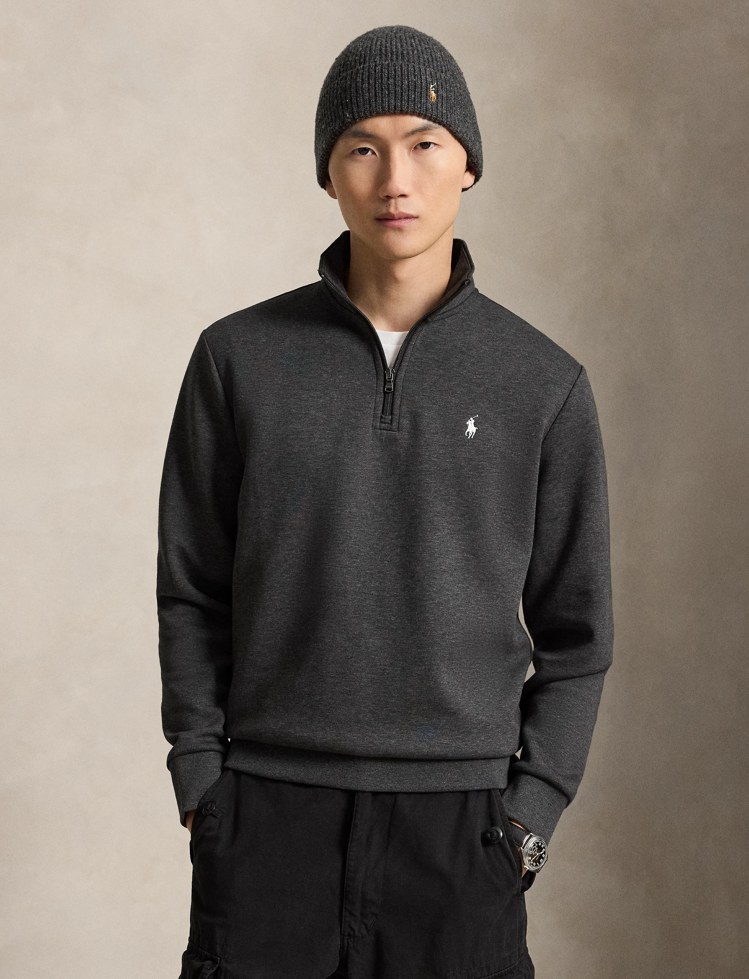 Polo Ralph Lauren Double-Knit Quarter-Zip Pullover, Mænd, Half-Zip Sweatshirt, Grå, Str: XXL