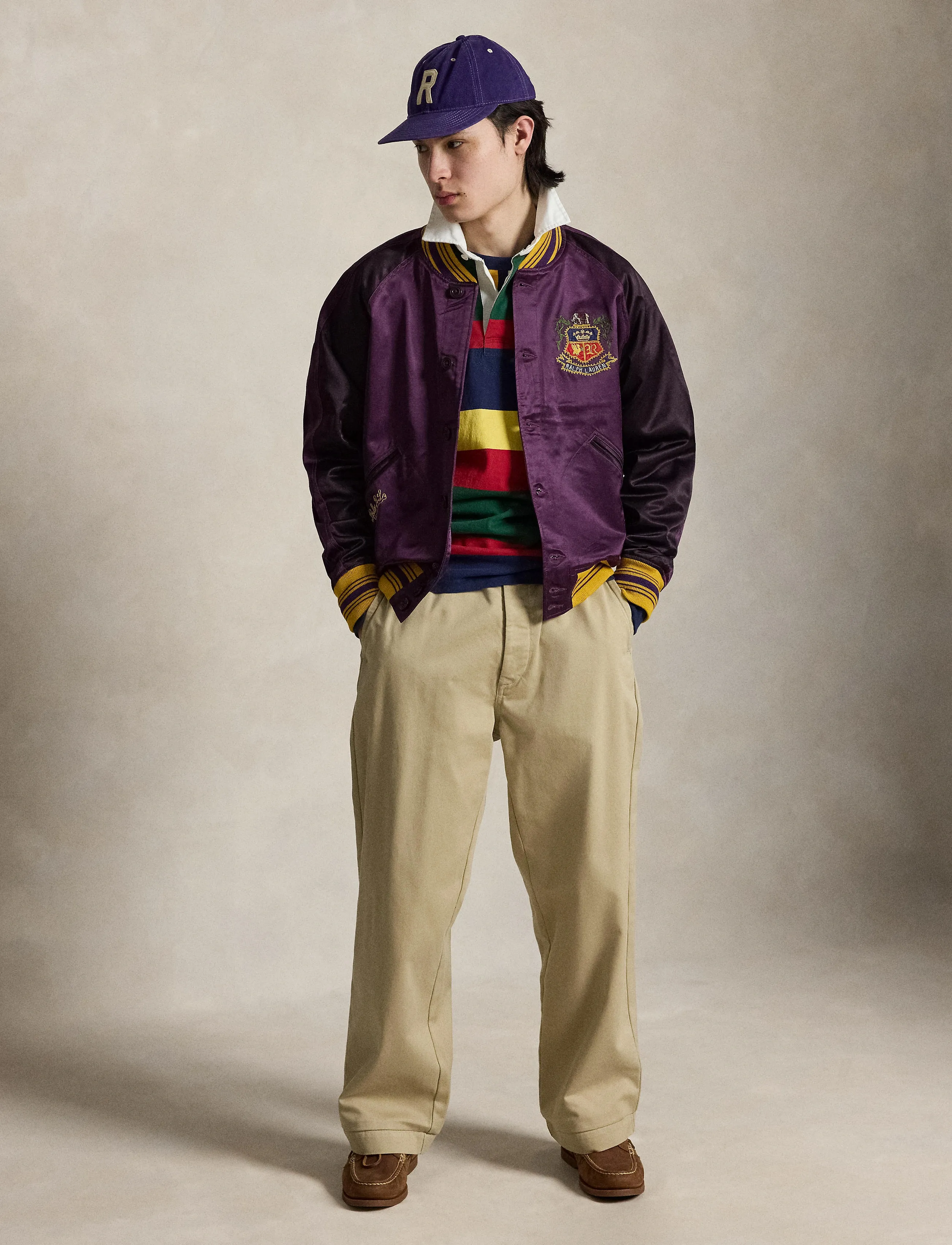 Polo Ralph Lauren Embroidered Satin Baseball Jacket, M, Jackets, Lila - Varsity Männerswear