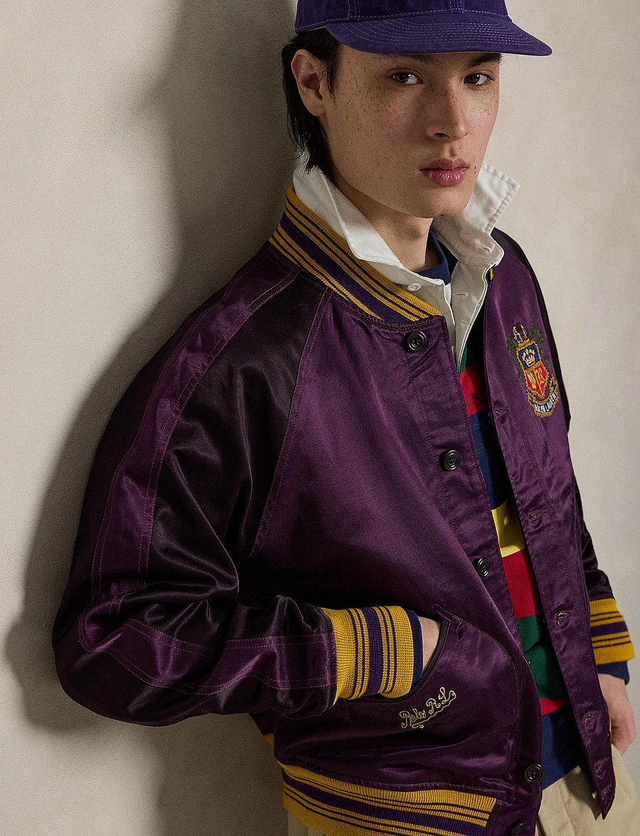 Polo Ralph Lauren - Embroidered Satin Baseball Jacket - kurtki varsity - burgundy rose/sta - 4