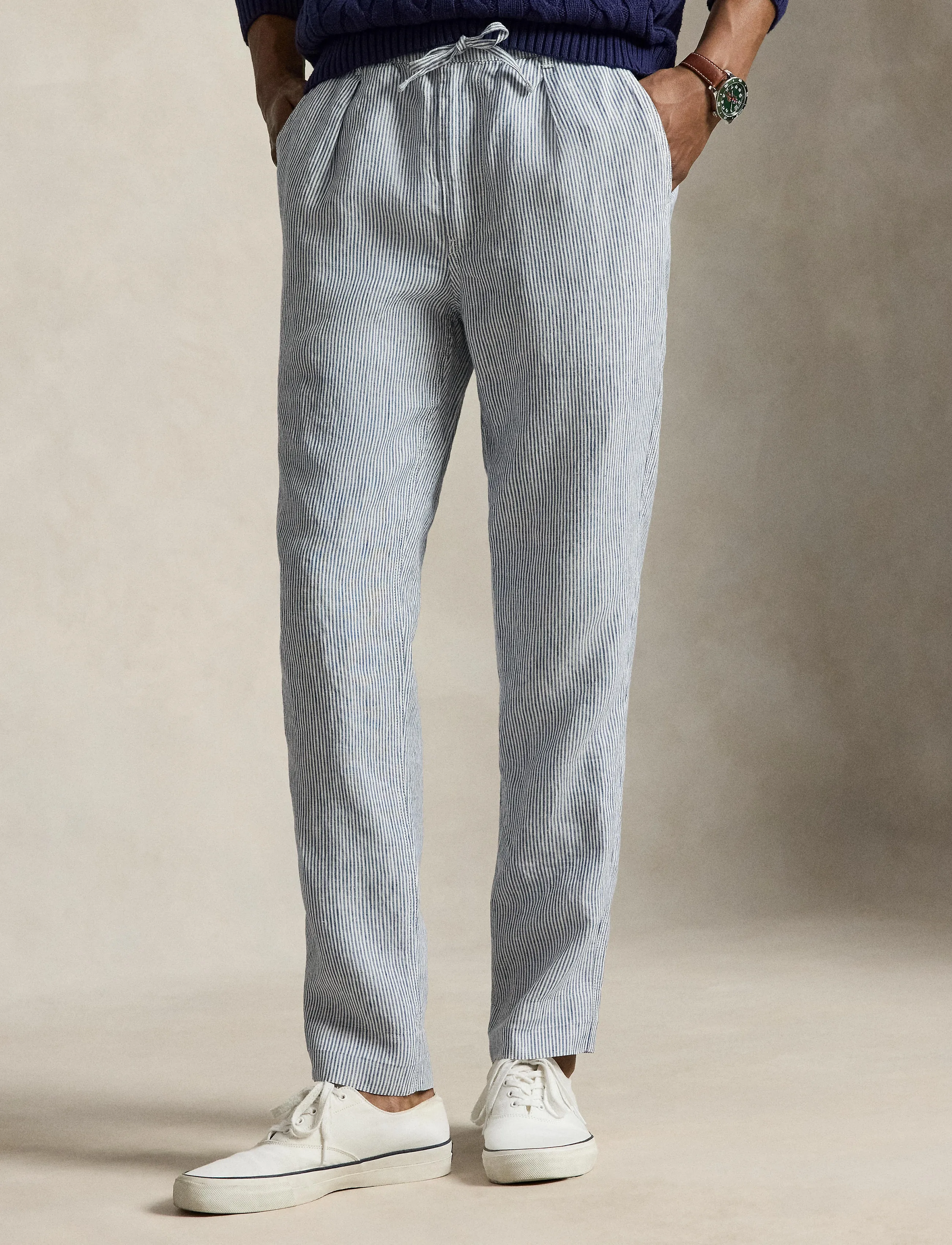 Polo Ralph Lauren Lateef Slim Tapered Fit Linen Pant, Mænd, Stribede Hør Snørebukser Med Tilspidsede Ben, Blå, Str: XL