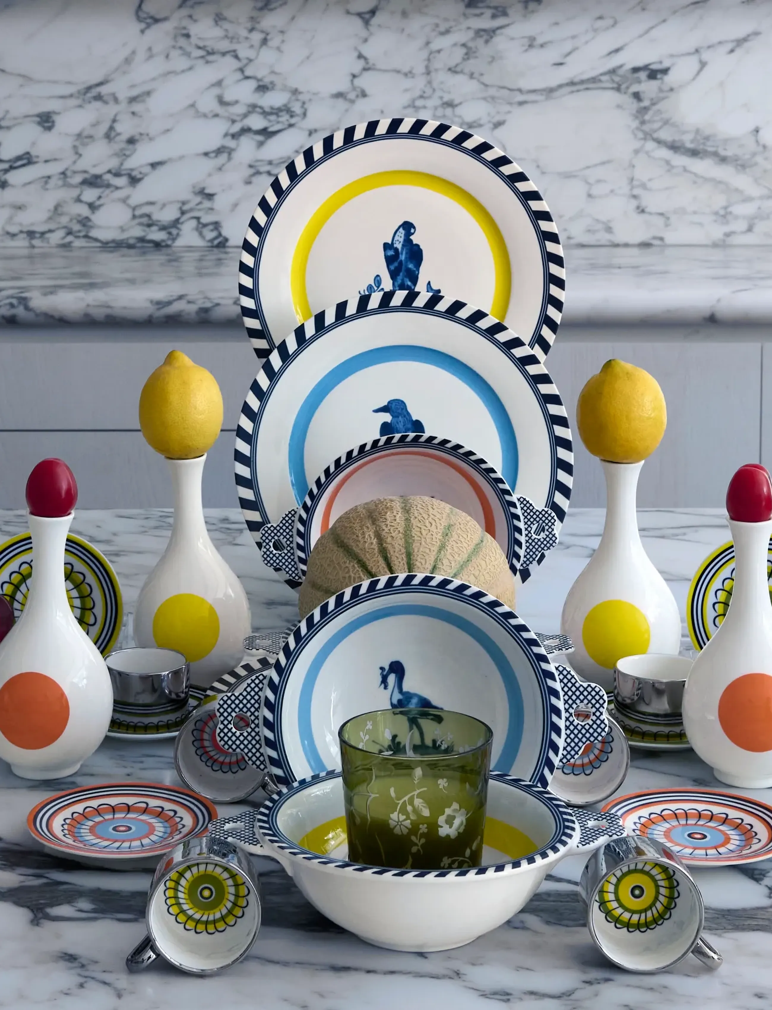 POLSPOTTEN Plates Bird Patterned Set 2, Ø27X H2.4 cm, Plates, Grün - Dinner Homeware