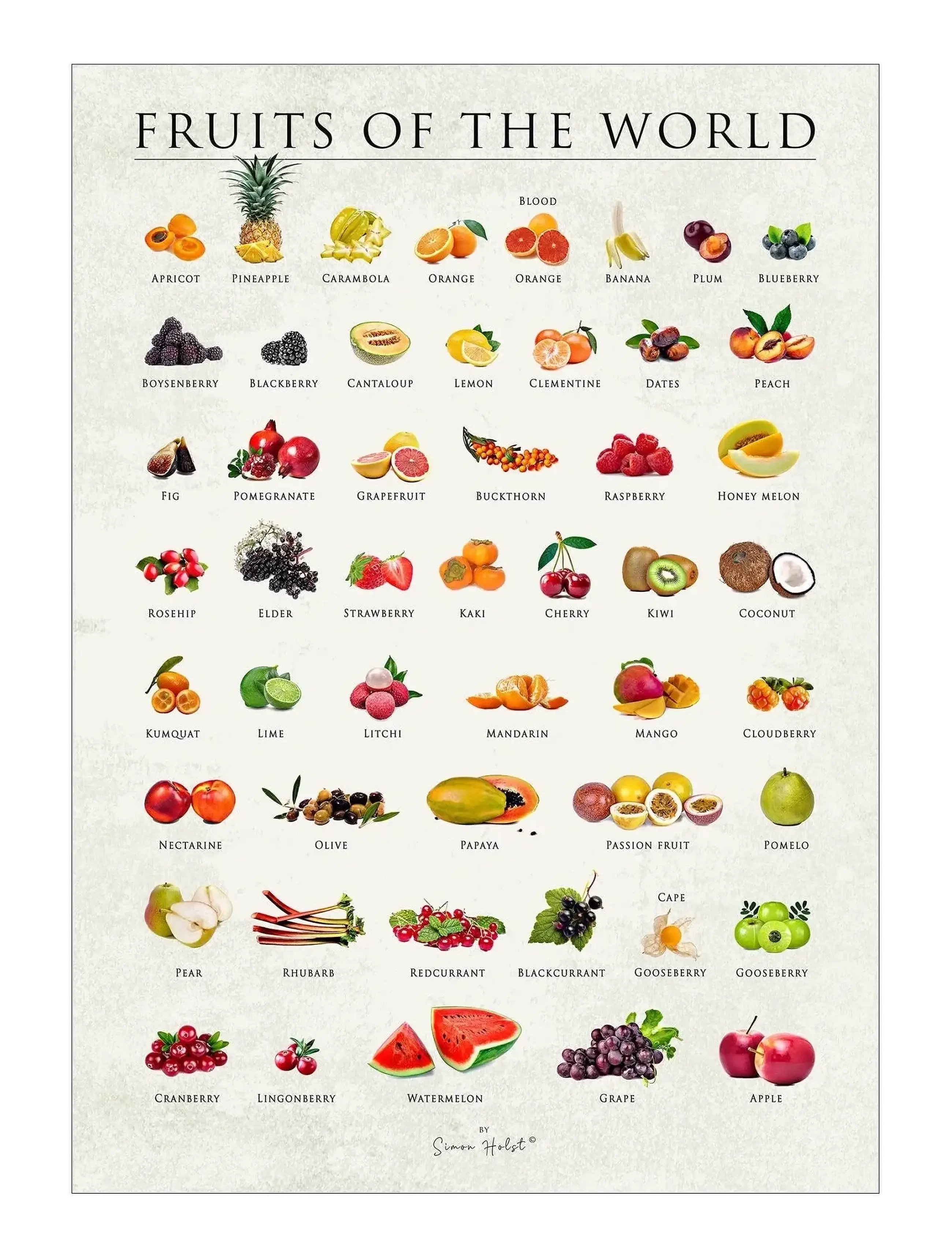Poster & Frame Simon Holst Fruits Of The World, Food, Multi/mønstret, Str: 70X100CM