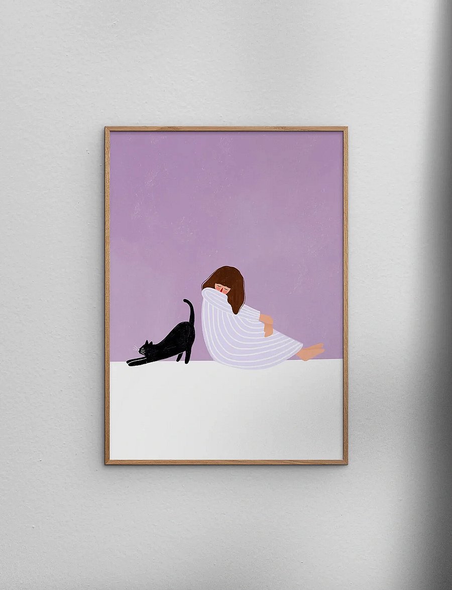 Poster & Frame - Bea Muller - Girl and Cat - illustratsioonid - purple - 0