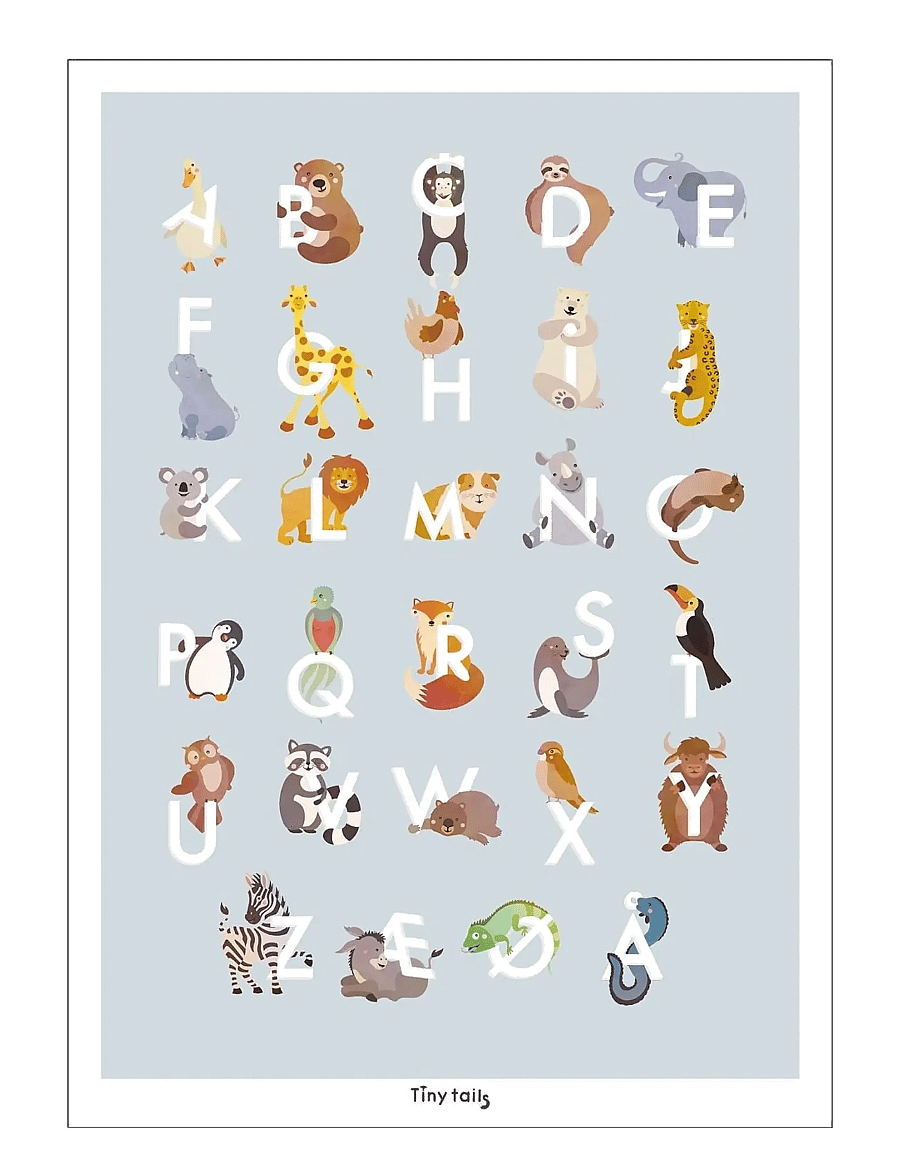 Poster & Frame - Tiny Tails - ABC lyseblå - alphabet - blue - 1