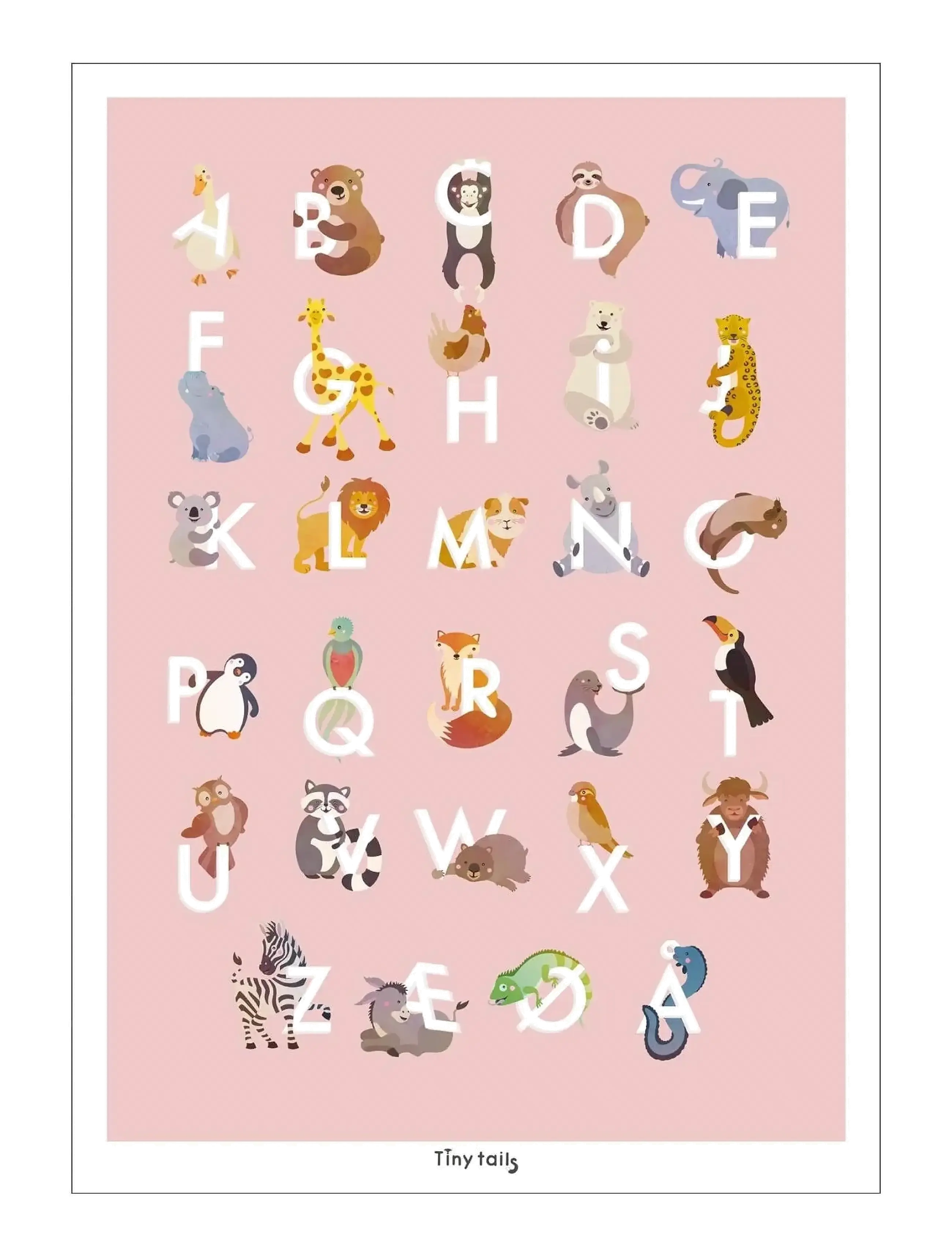 Poster & Frame Tiny Tails Abc Lyserød, 50X70 cm, Posters Frames, Rosa - Posters, Kinder