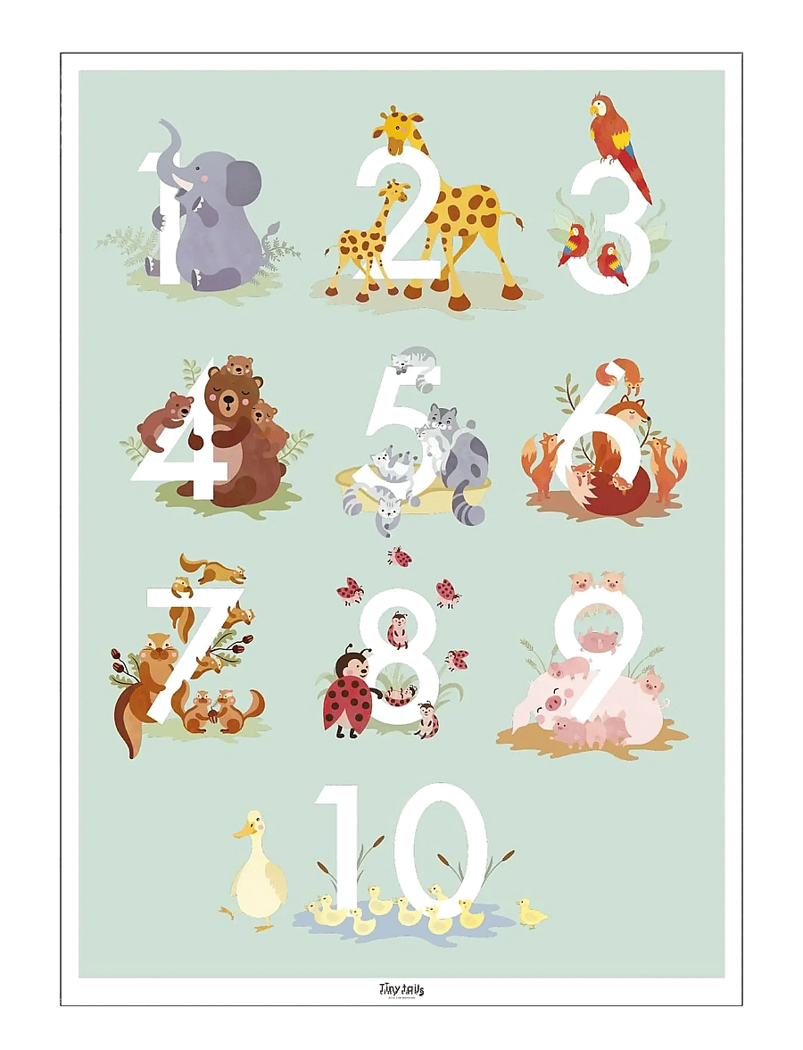 Poster & Frame - Tiny Tails - Talplakat - lysegrøn - numbrid - multicolor - 1
