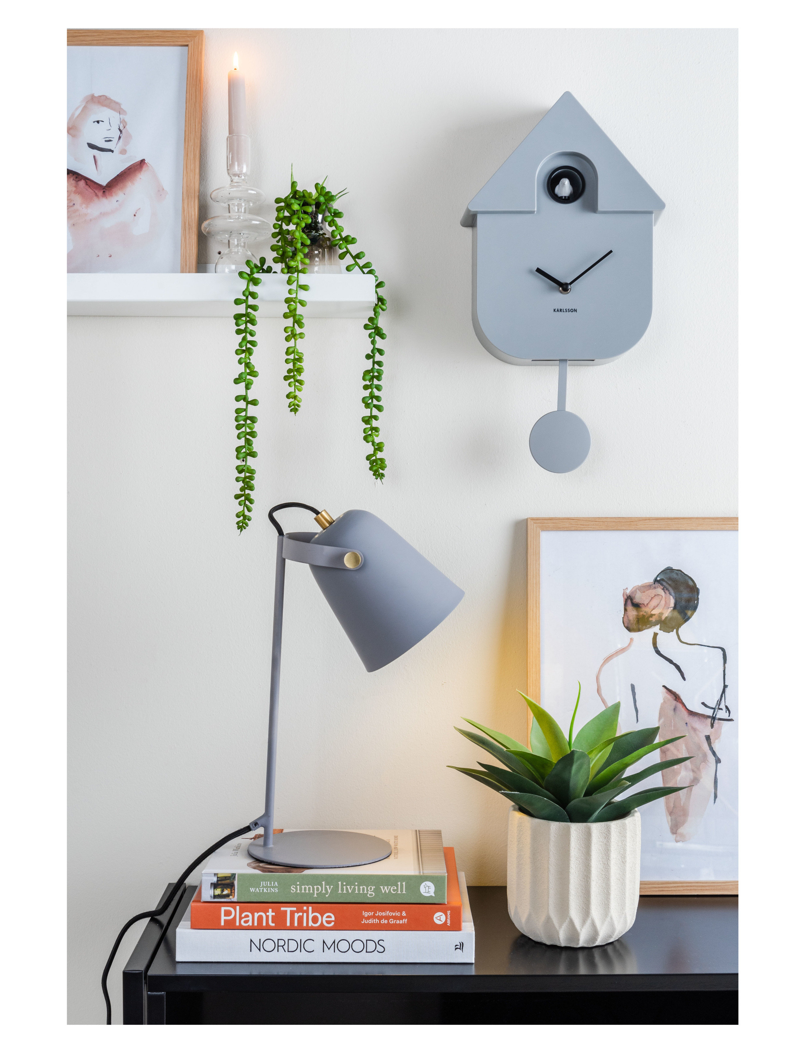 KARLSSON Wall Clock Modern Cuckoo Abs Soft Pink, Vægur, Grå, Str: 41X8.5X21.5CM