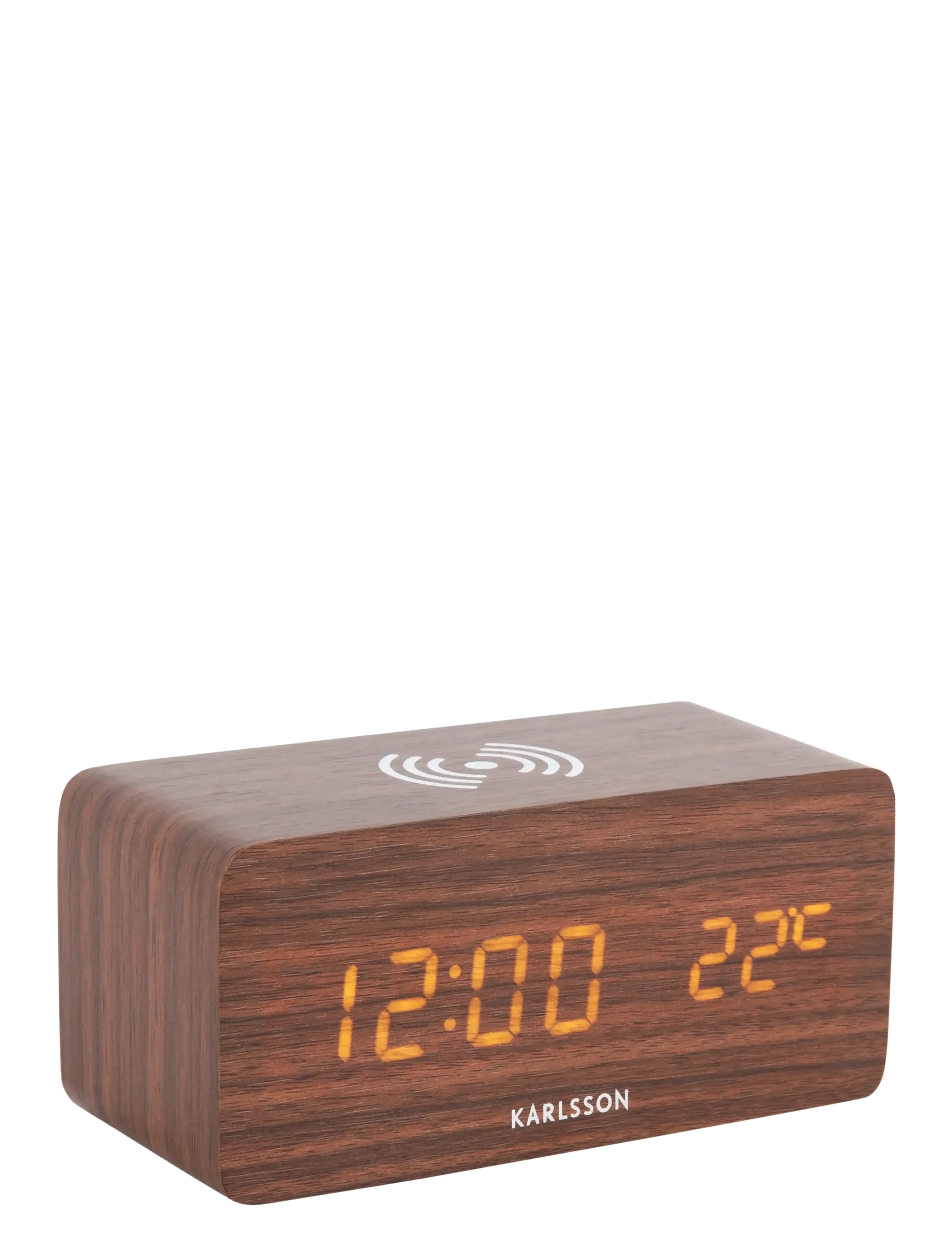KARLSSON Alarm clock Block w. phone charger LED dark wood veneer, white LED - KARLSSON - DARK WOOD / brown