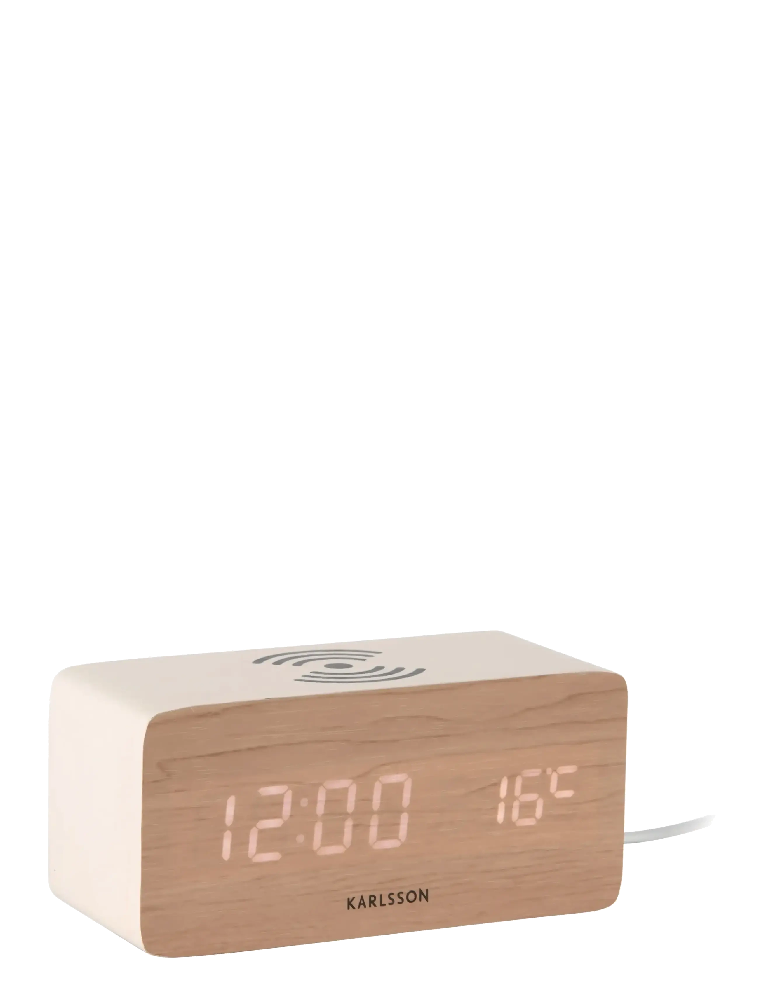 KARLSSON Alarm clock Block w. phone charger LED white wash veneer, white LED - KARLSSON - WHITE WASH VENEER / natural