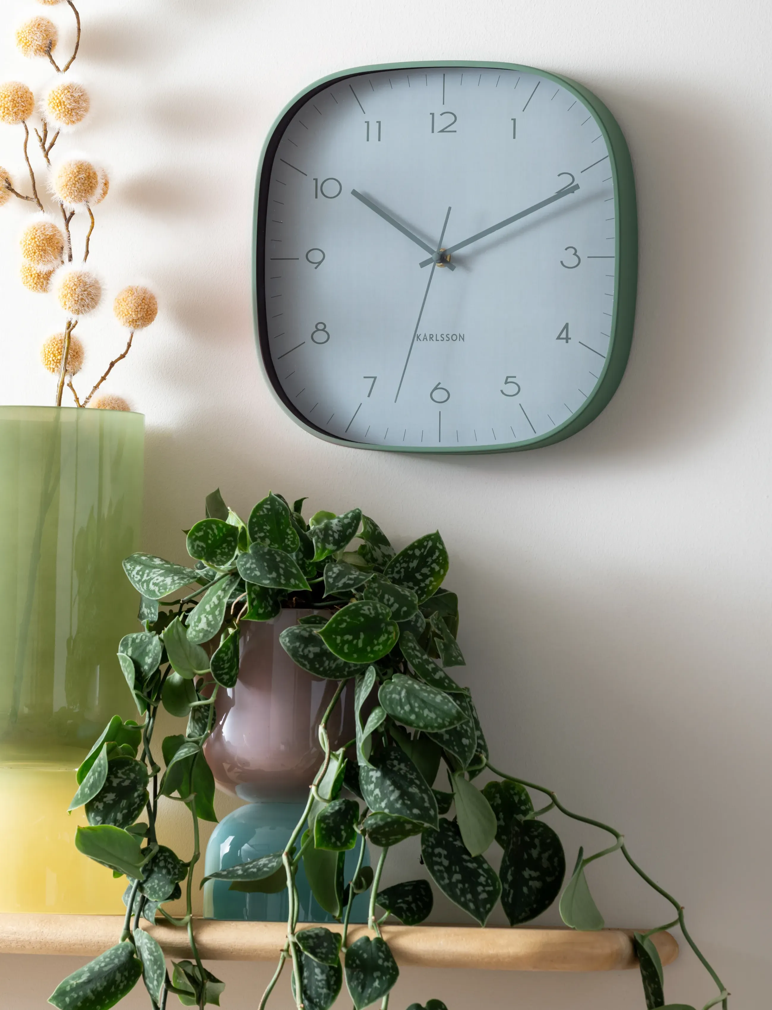 KARLSSON Wall Clock Grato Cuadrado Grayed Jade W. Jungle Green, H 29 cm, Watches, Khakigrün - Clocks, Homeware
