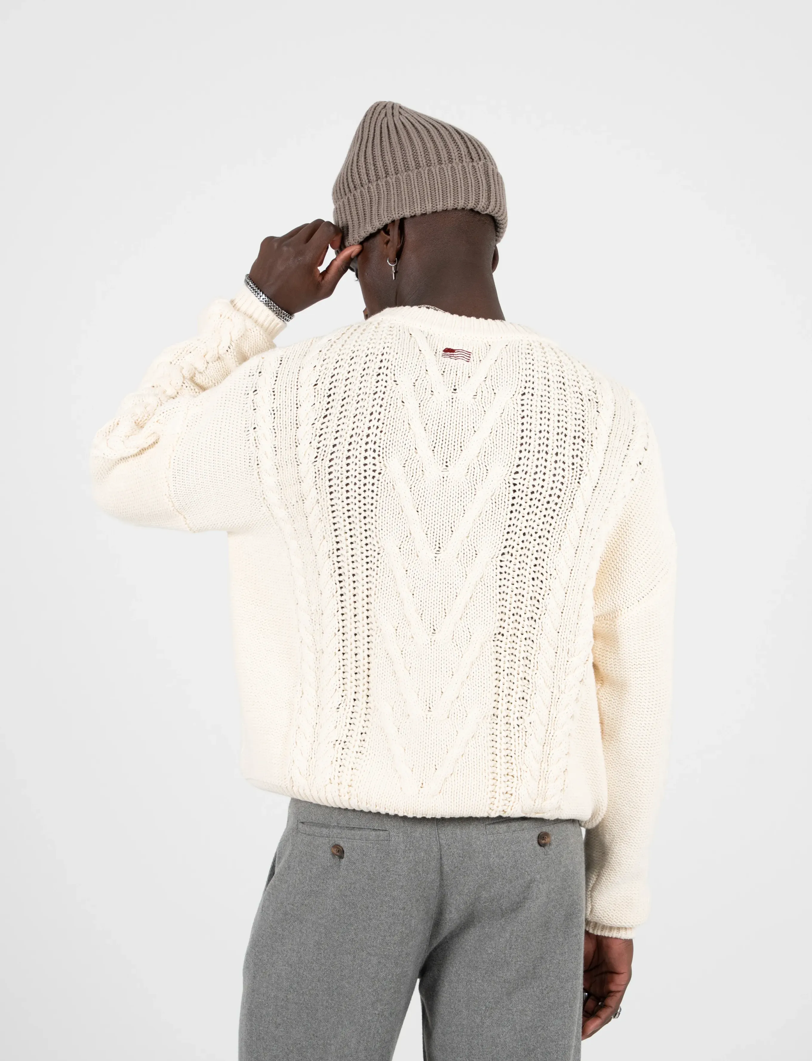 Prohibited Sunday Cable Knit Sweater, L, Cream, Strik > Runde Halse, Herre