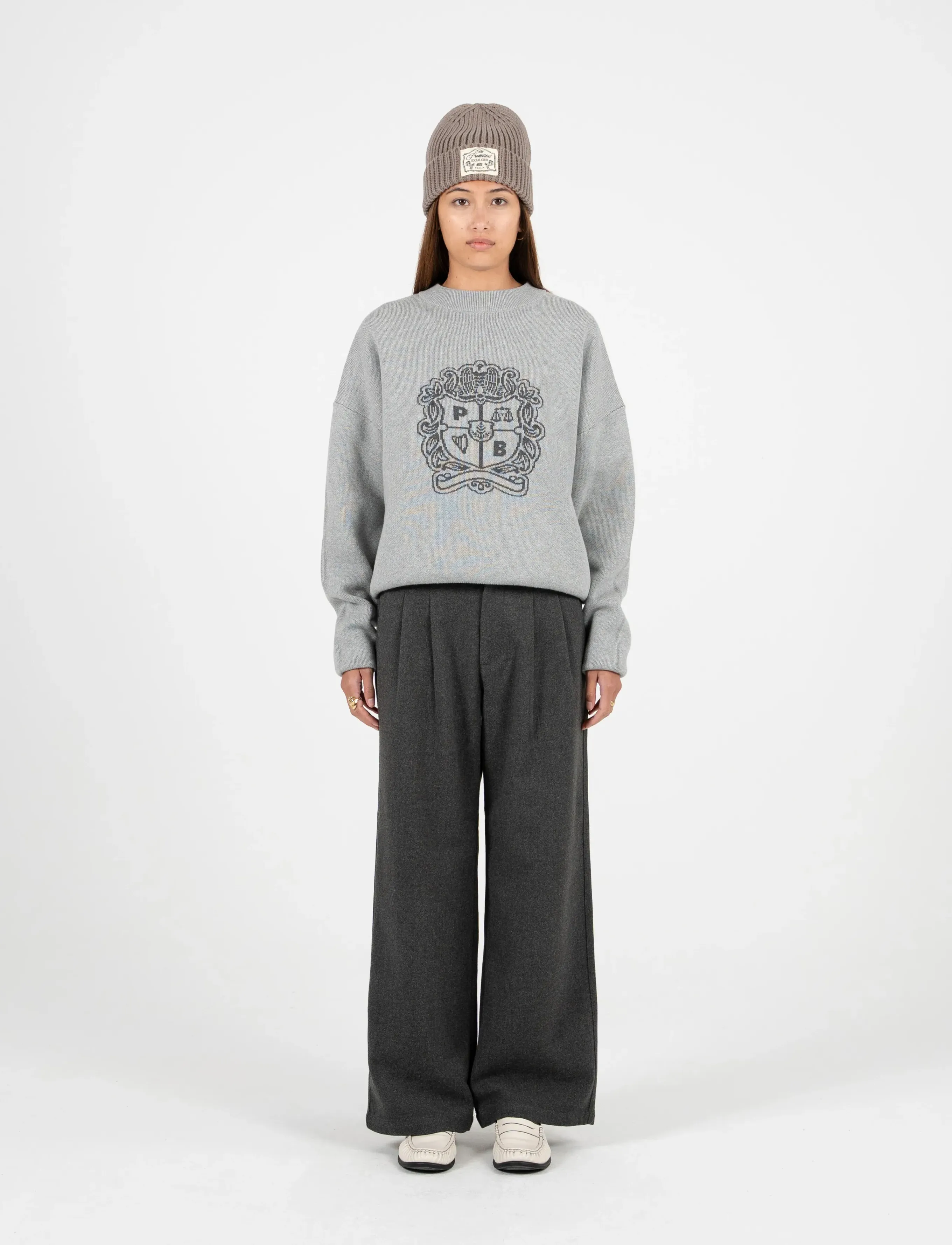 Prohibited Emblem Knit Sweater, M, Knitwear, Grau - Round Necks, Frauen