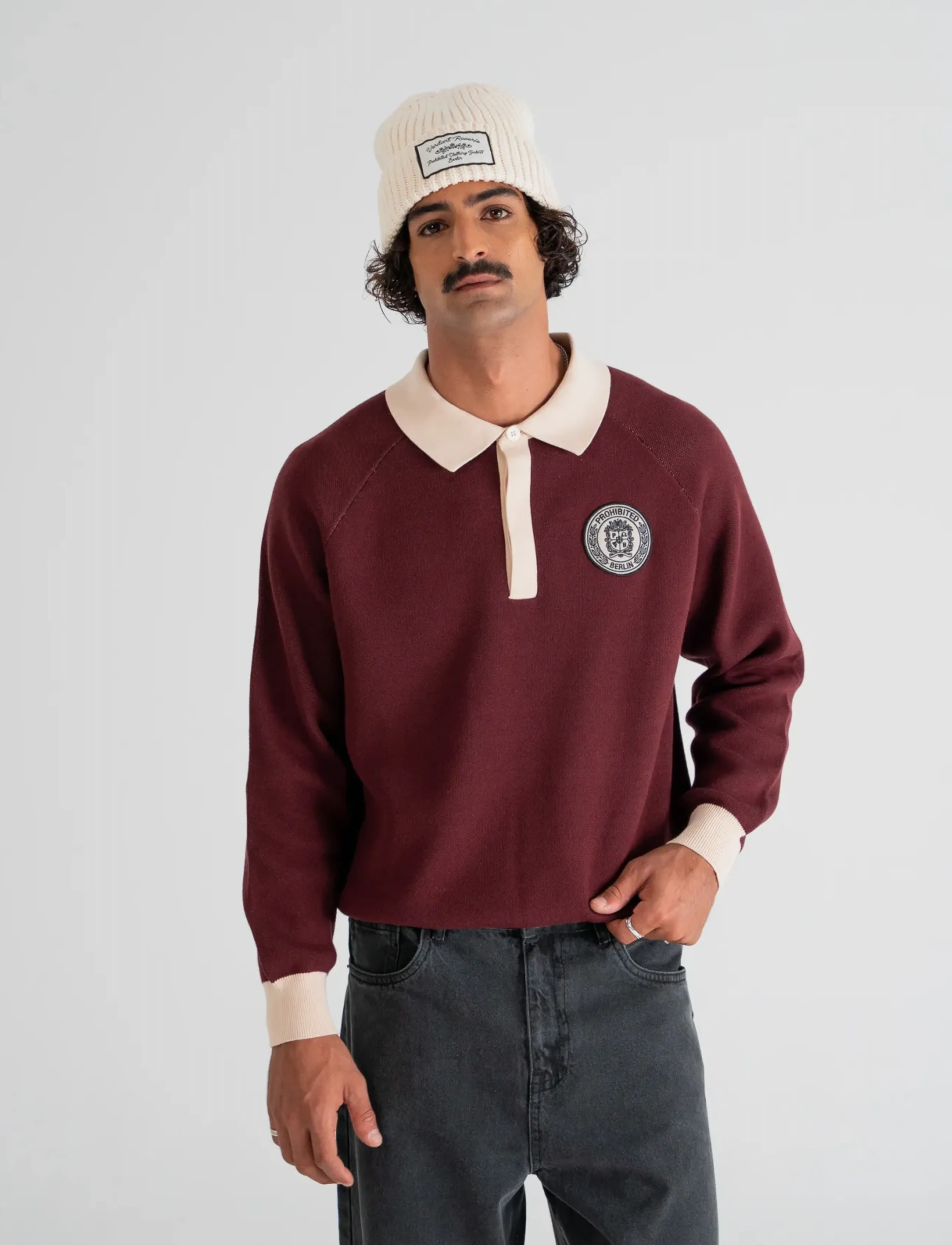 Prohibited - Cup Knitted Jersey - langärmelige strick-polohemden - bordeaux - 2
