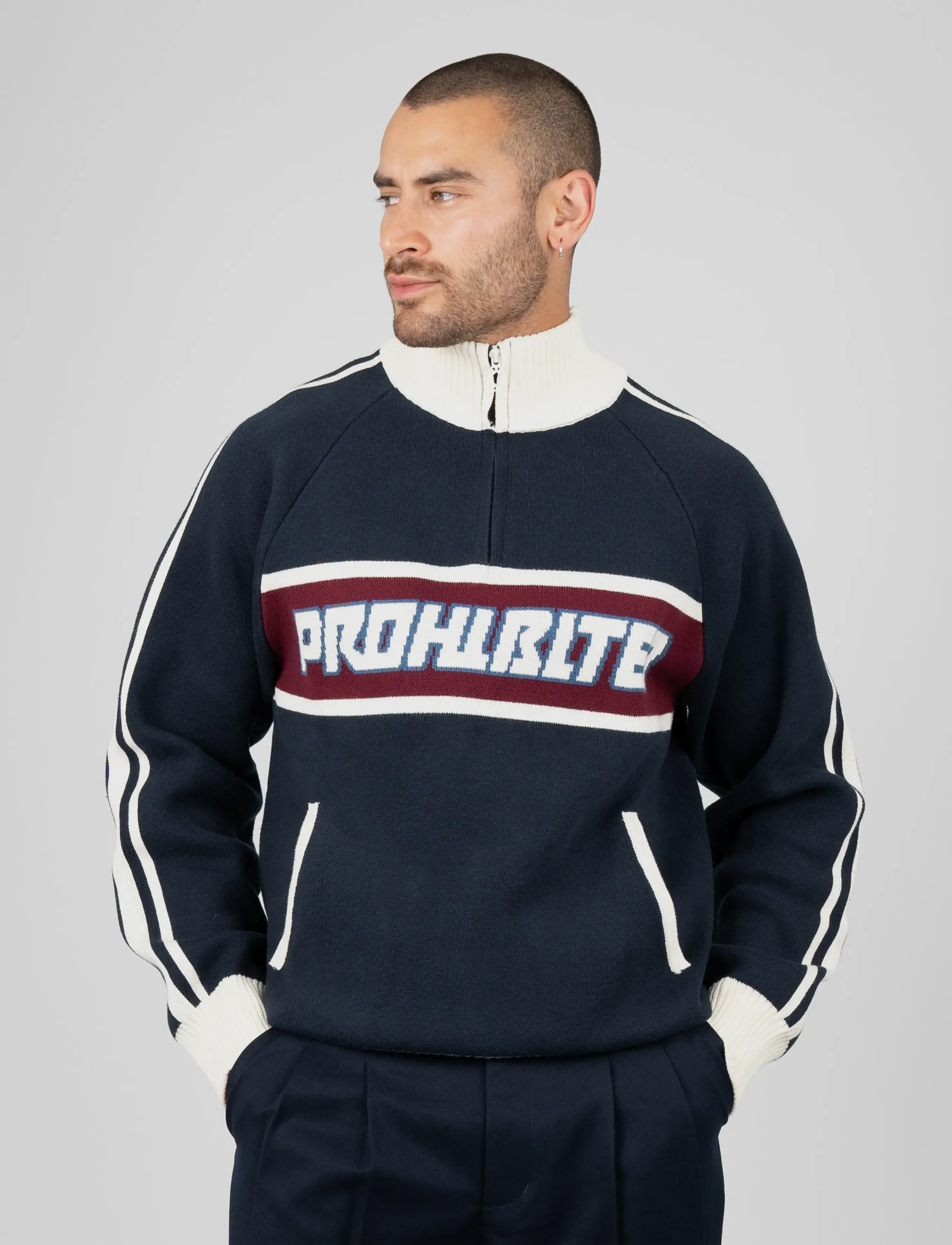 Prohibited Letterman Knitted Quarter Zip, Letterman Strick Troyer, Marineblau, Gr.S