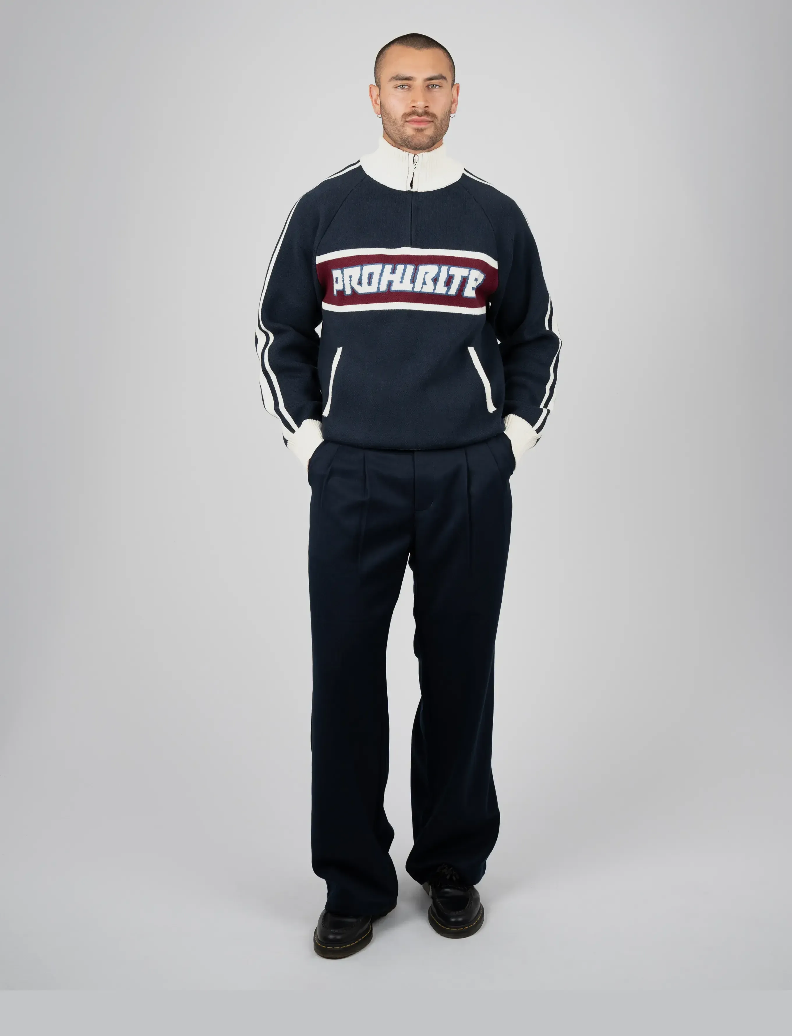 Prohibited - Letterman Knitted Quarter Zip - navy - 3