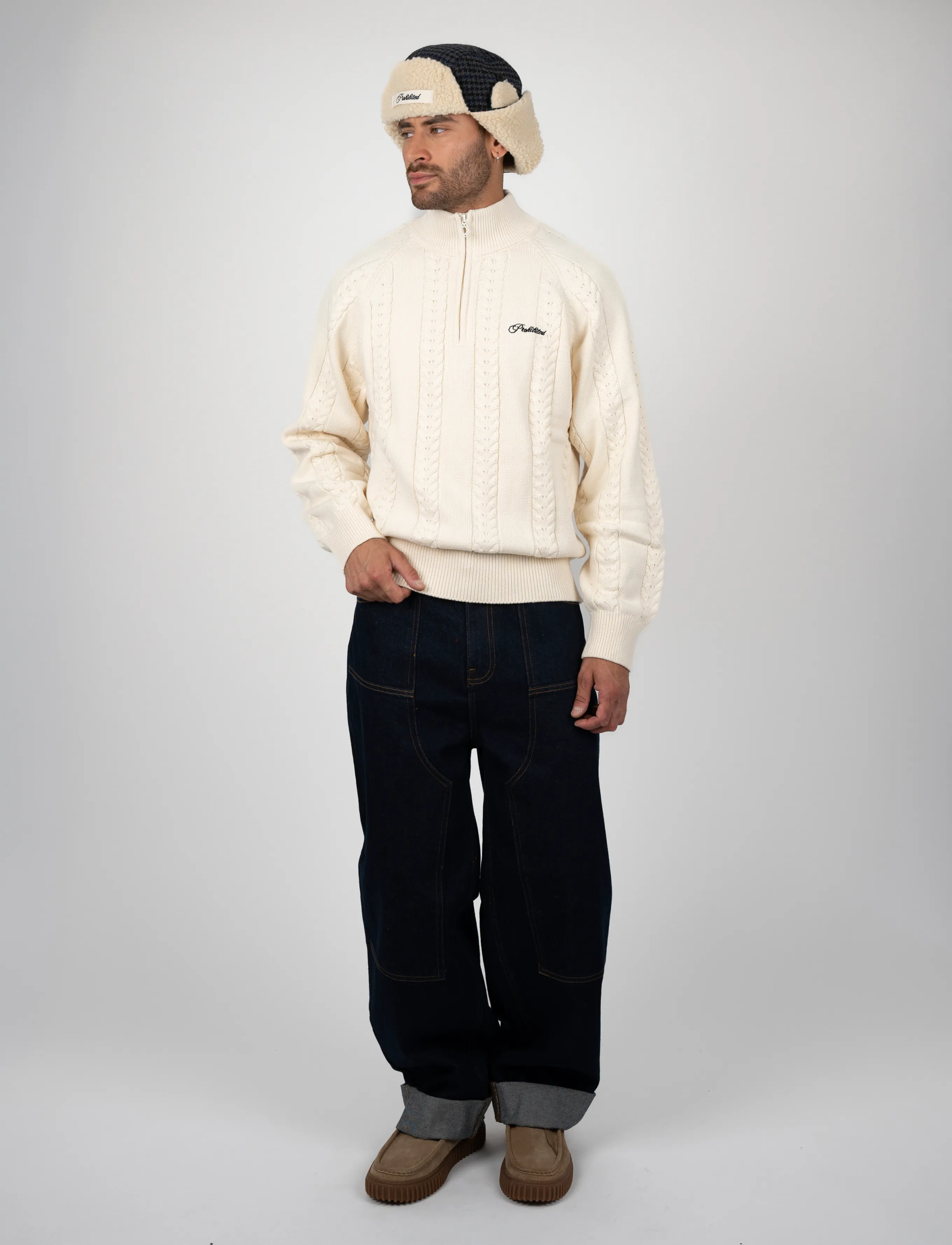 Prohibited - Cable Knit Quarter Zip - halfzip strik - cream - 0