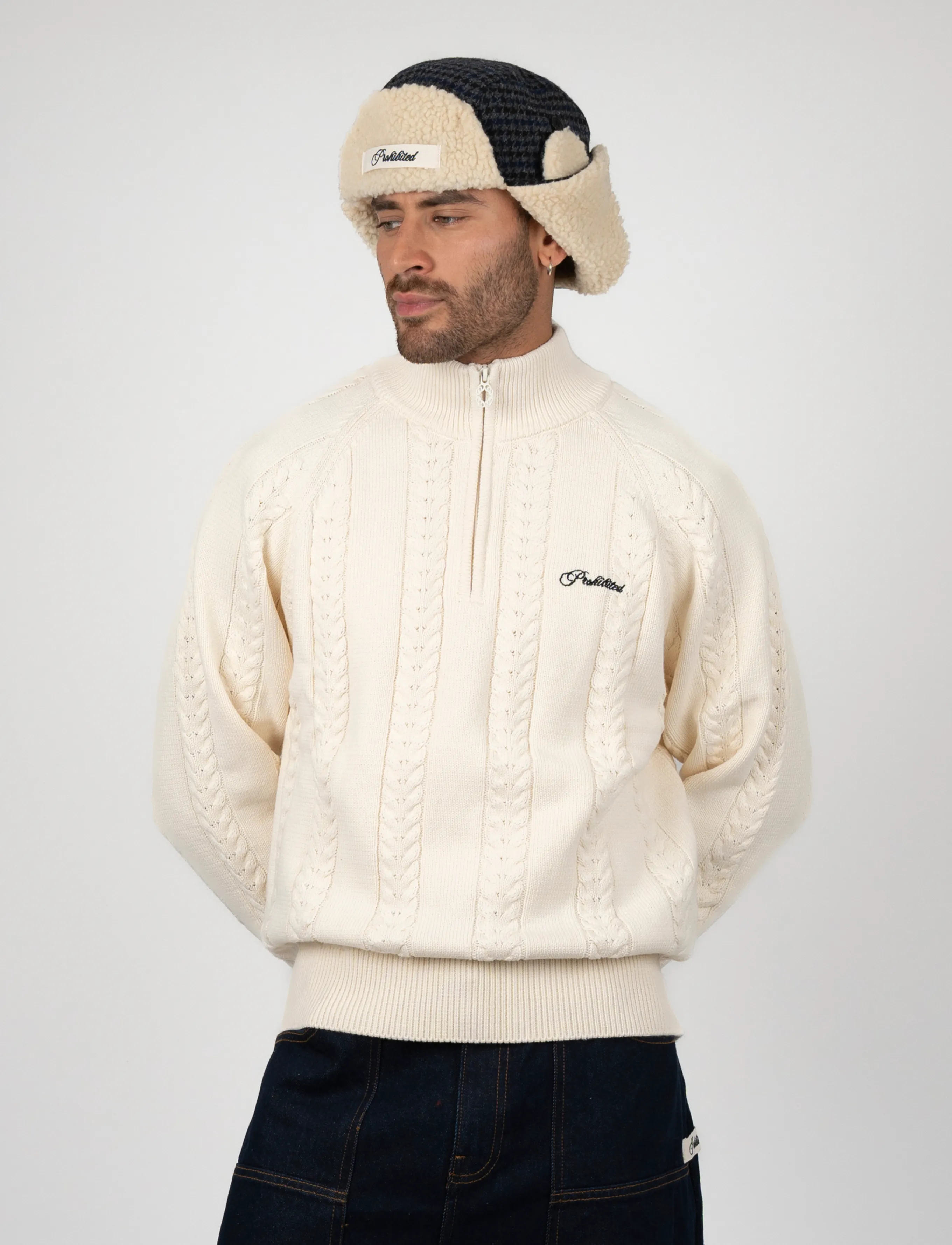 Prohibited - Cable Knit Quarter Zip - halfzip strik - cream - 3