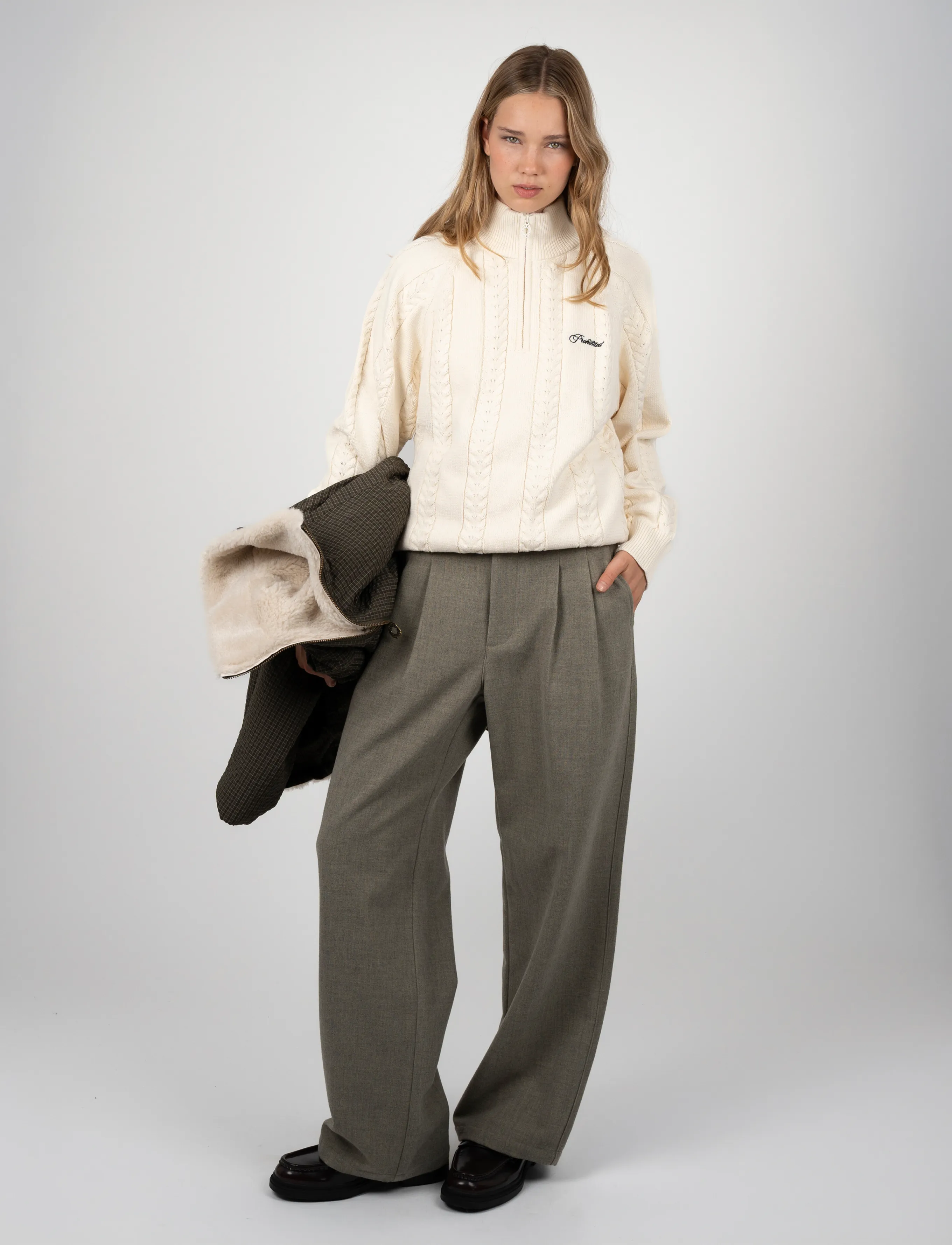 Prohibited - Cable Knit Quarter Zip - halfzip strik - cream - 5