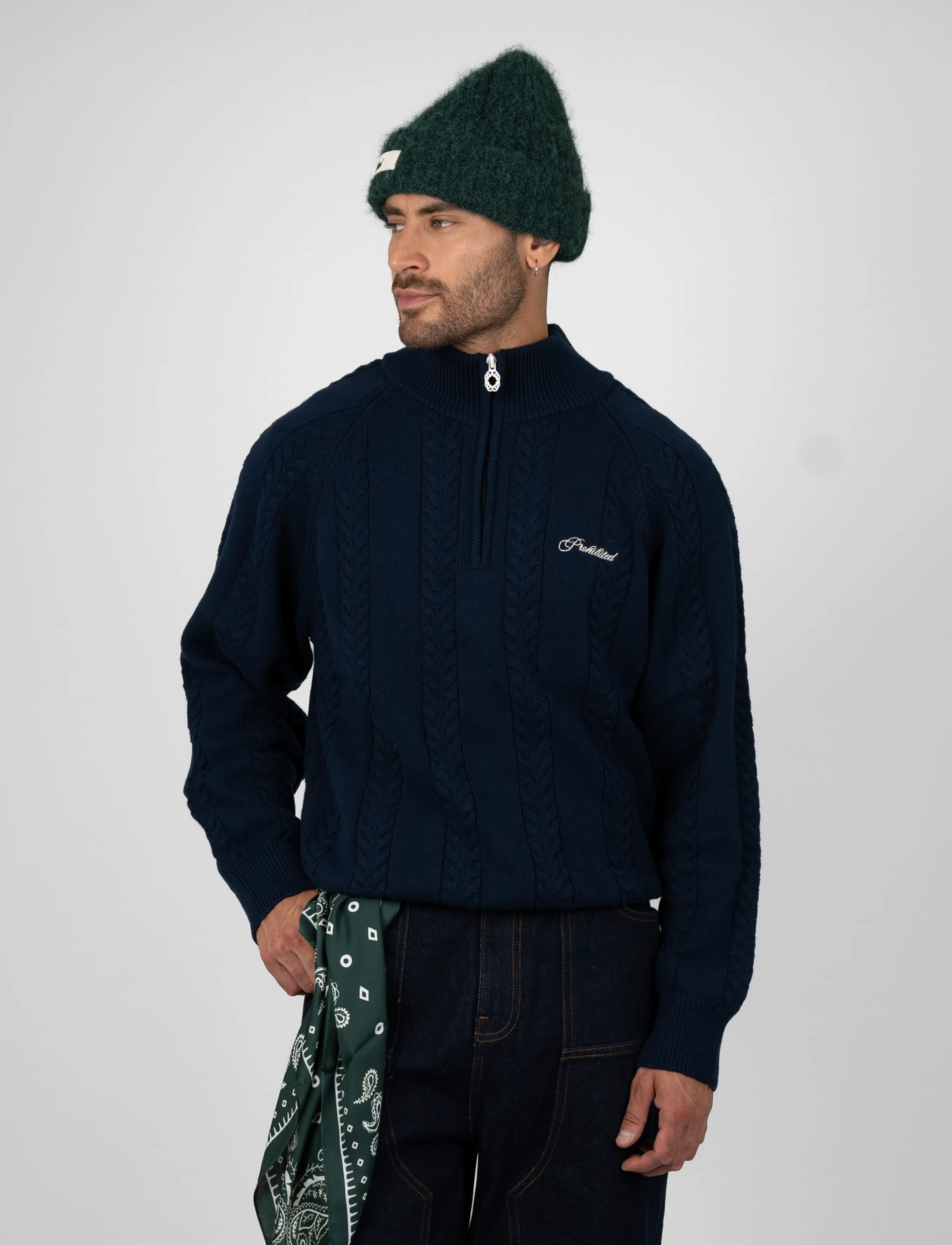 Prohibited - Cable Knit Quarter Zip - navy - 3