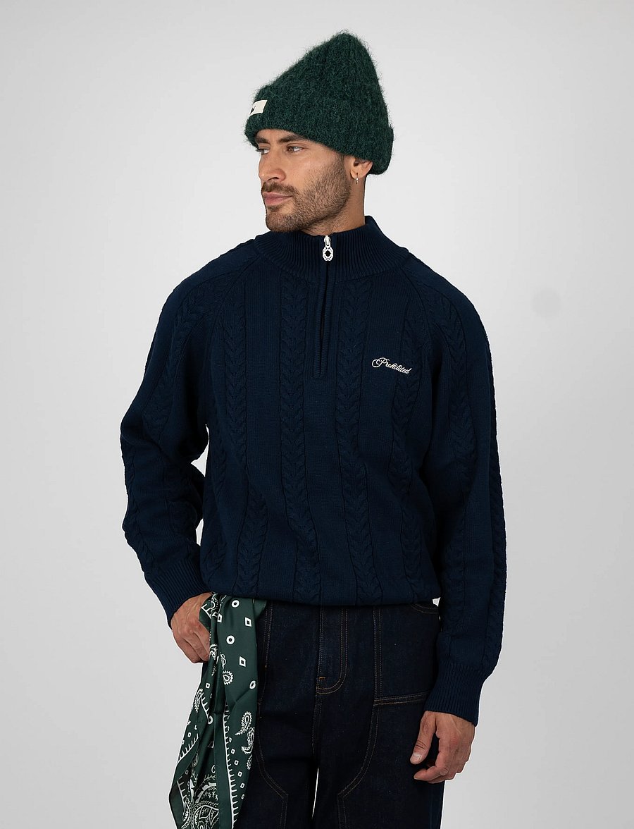 Prohibited - Cable Knit Quarter Zip - navy - 3