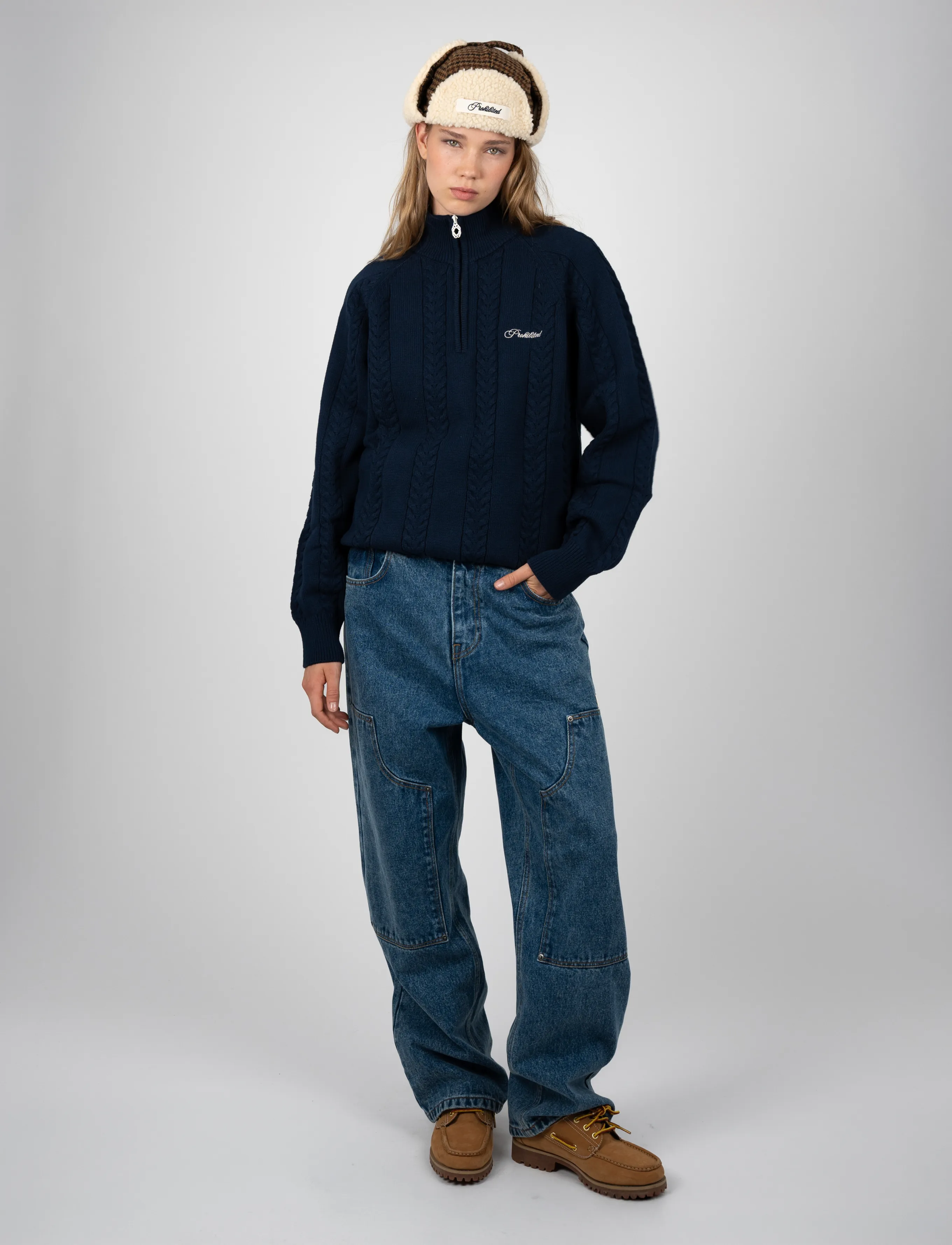 Prohibited - Cable Knit Quarter Zip - navy - 5