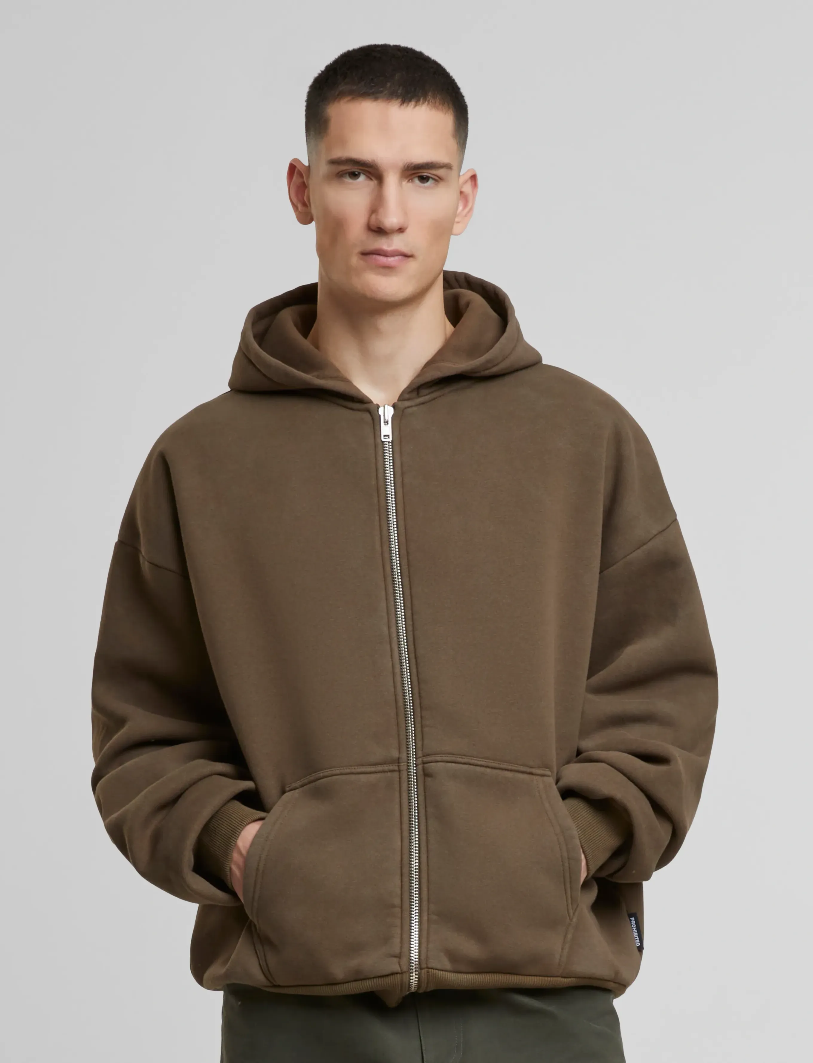 Prohibited Oversized Zip-Hoodie, Mænd, Oversize Lynlås Hættetrøje, Brun, Str: XL