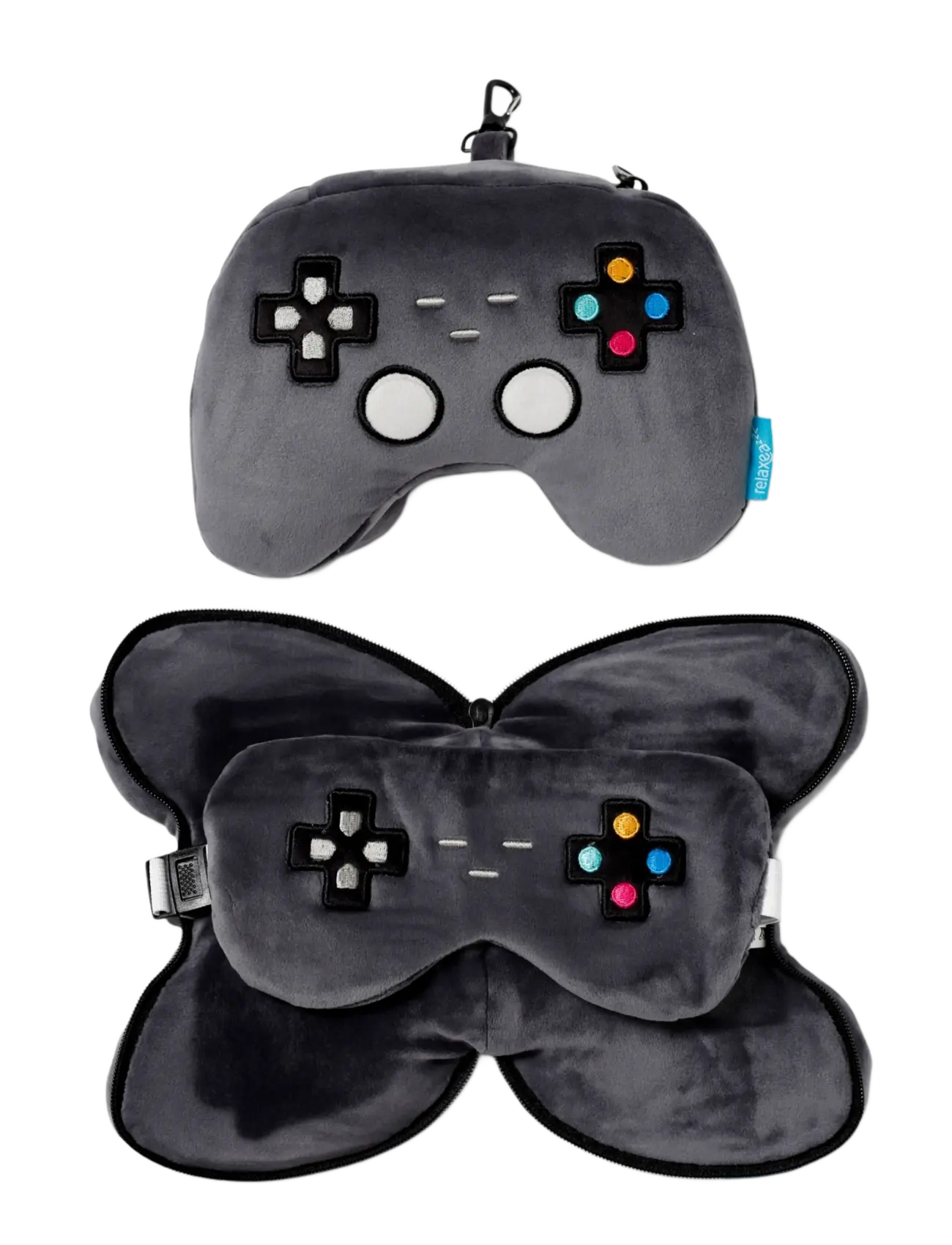 Puckator Relaxeazzz Shaped Travel Pillow & Eye Mask Game Over Game Controller, Kinder, Panda Geformtes Plüsch Reisekissen Und Schlafmasken Set, Grau,