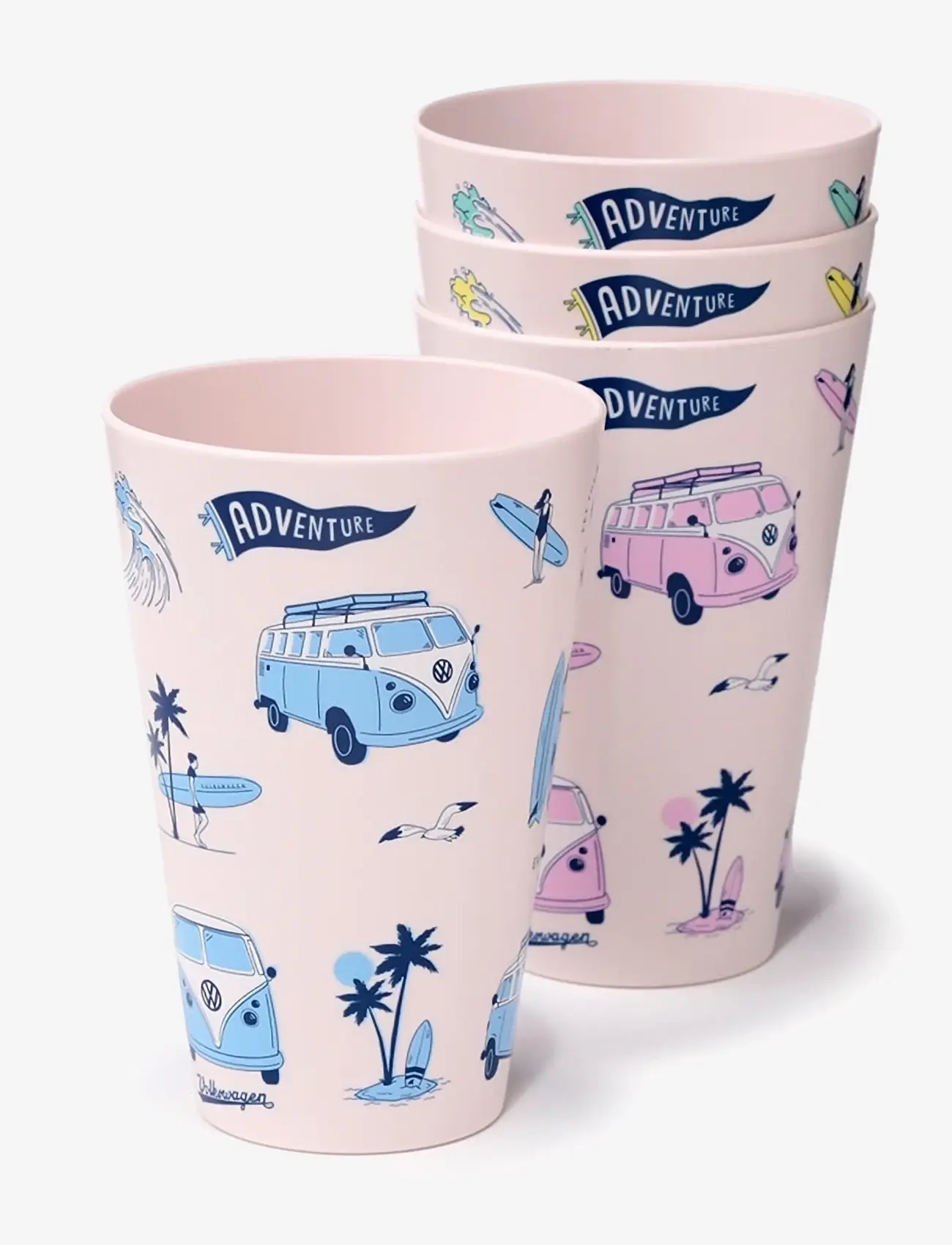 Puckator Volkswagen VW T1 Camper Bus Explore More Set of 4 RPET Picnic Cups 450ml - 4 for 3 - WHITE / pink/rose