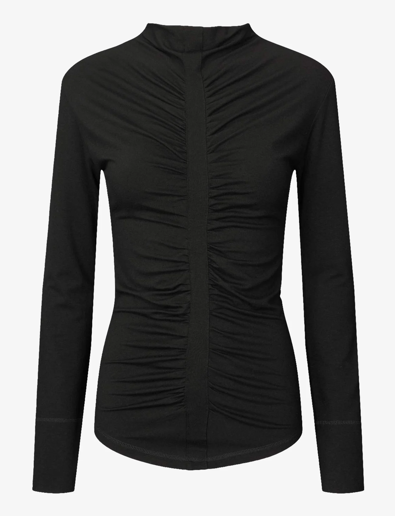 Rabens Saloner - Jeeva - Wool jersey gathered top - long-sleeved shirts - black - 0