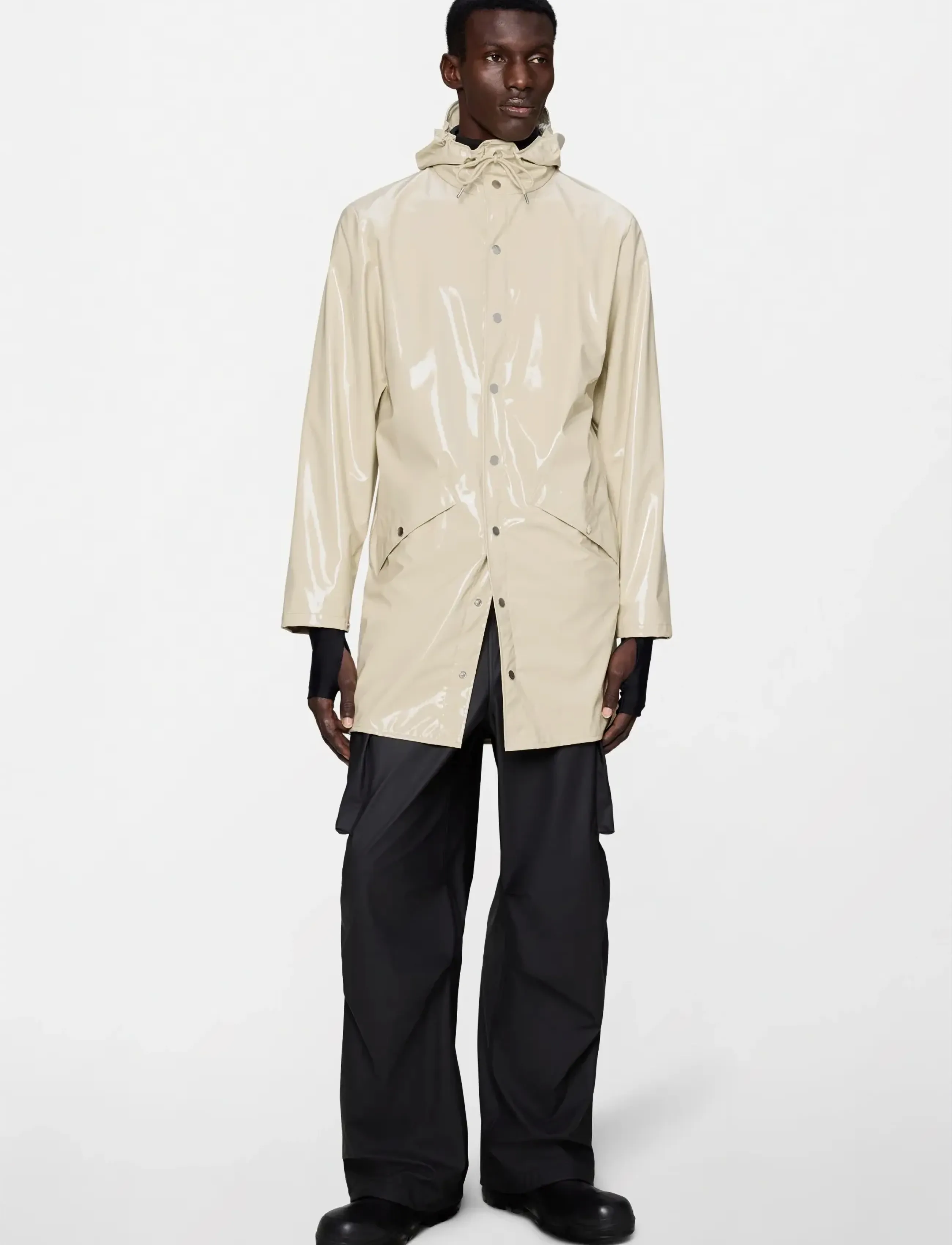 Rains Long Jacket W3, Mænd, Lang Hætte Regnfrakke, Cream, Str: S
