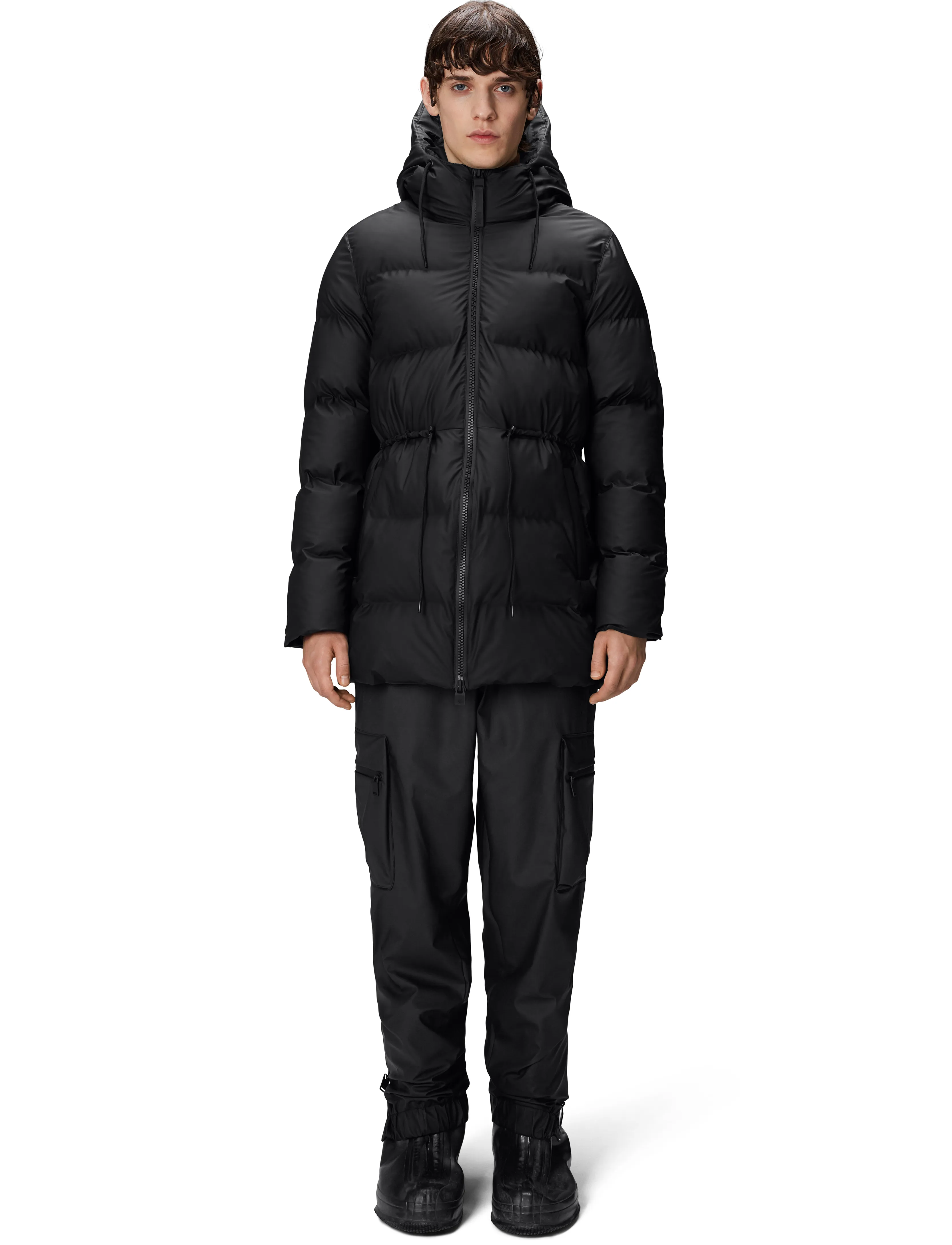 Rains Alta Long Puffer String W Jacket W3T4, Kvinder, Lang Dunjakke Med Hætte, Sort, Str: XS