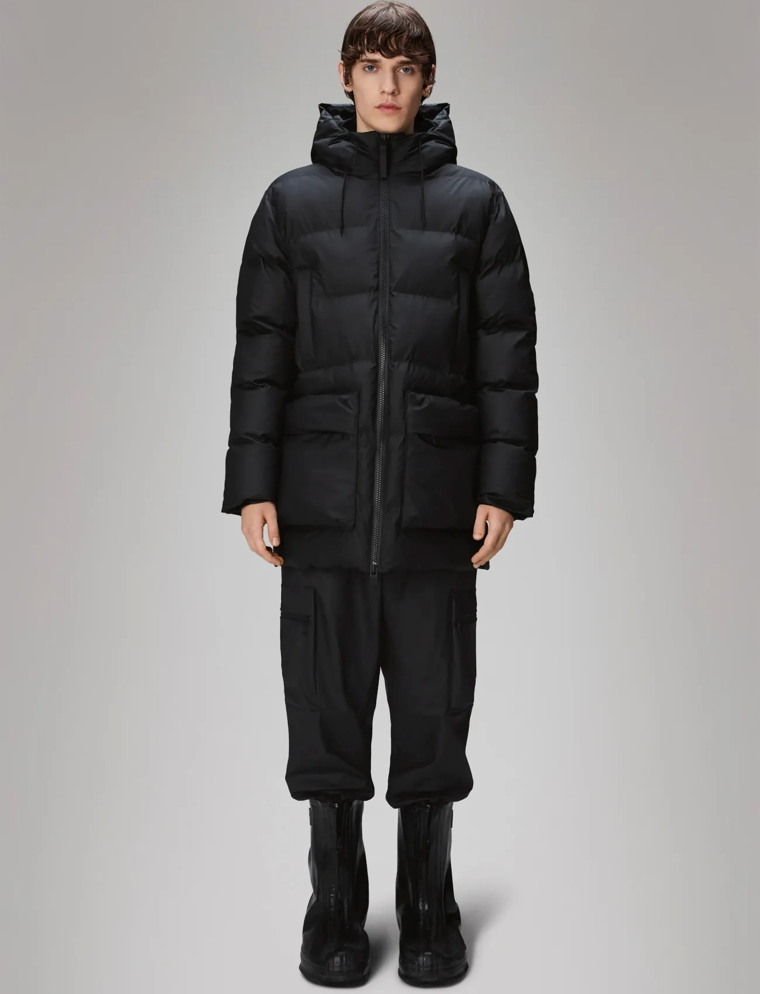 Rains Alta Long Puffer Cargo Jacket W3T4, Mænd, Lang Puffer Cargo Jakke, Sort, Str: XL