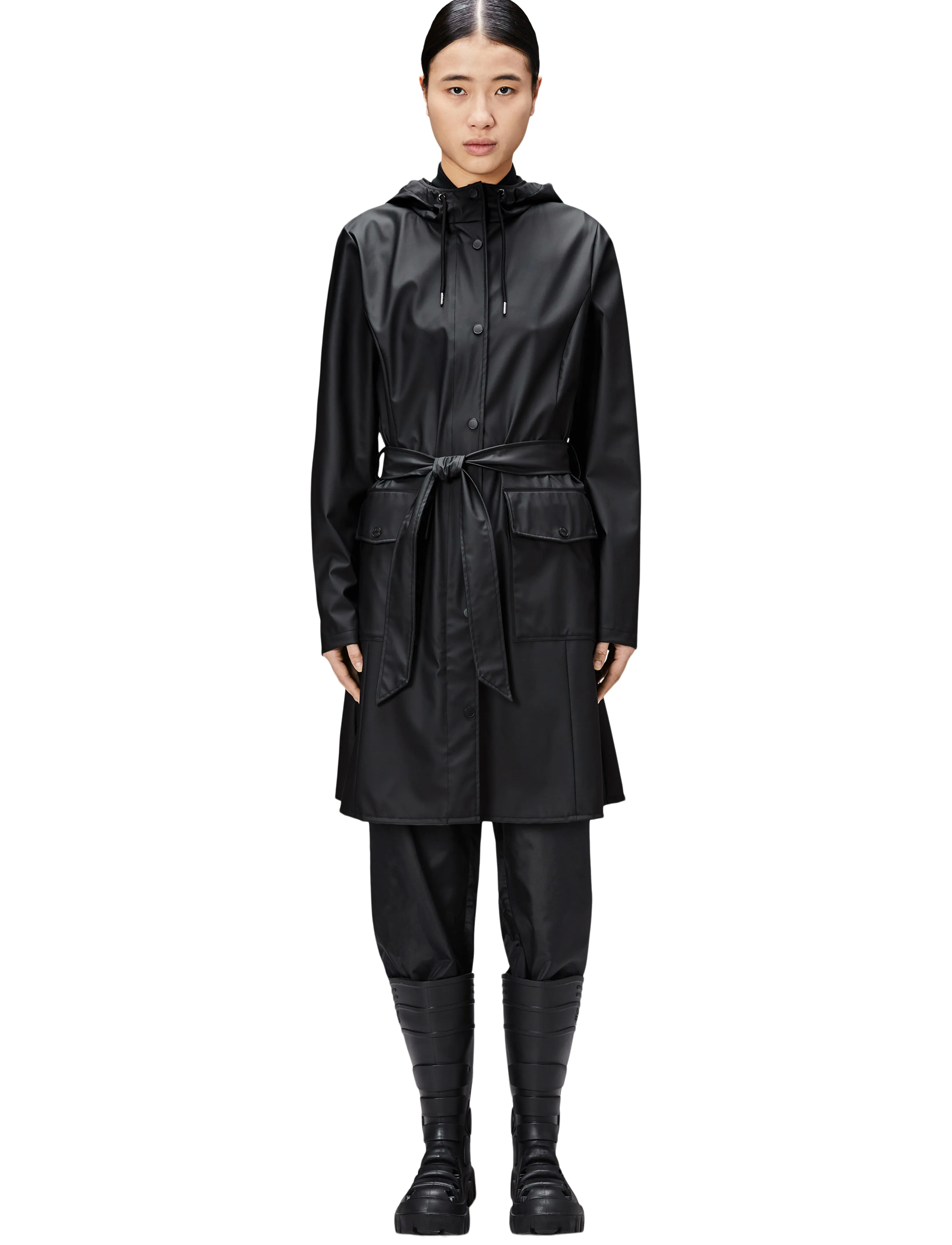 Rains Curve Long Jacket W3, Kvinder, Bæltet Regnfrakke Med Hætte, Sort, Str: M