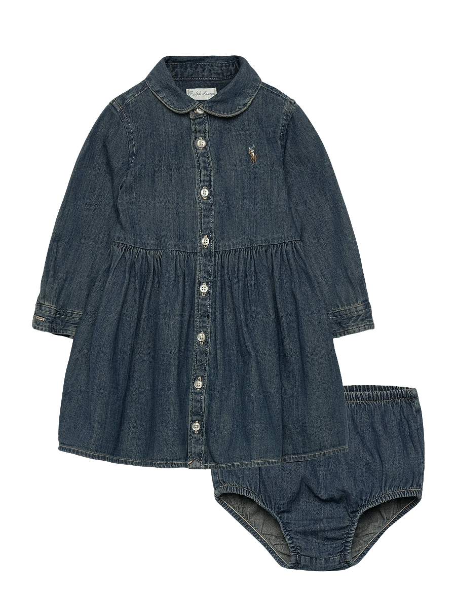 Ralph Lauren Baby - Shirred Denim Shirtdress & Bloomer - langärmelige babykleider - indigo - 0