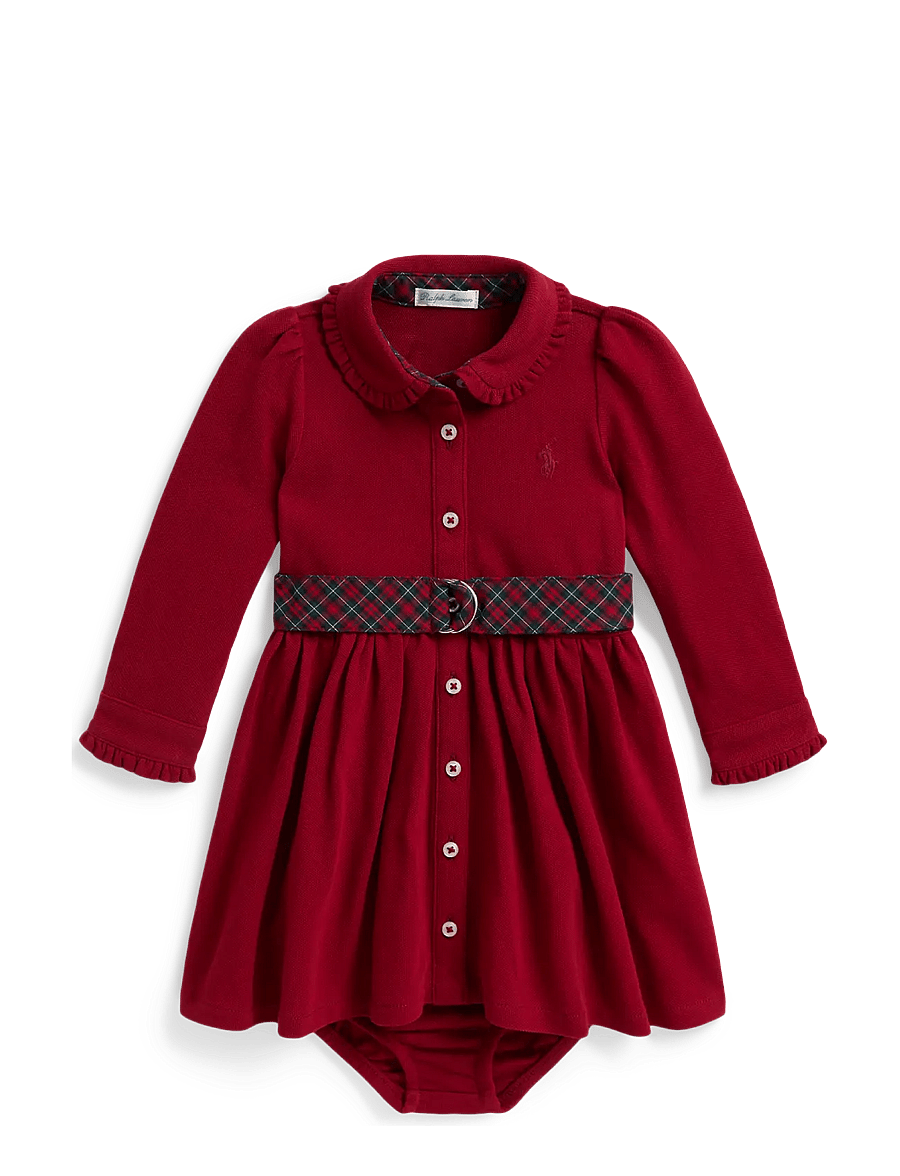 Ralph Lauren Baby - Belted Cotton Mesh Shirtdress & Bloomer - långärmade babyklänningar - eaton red - 0