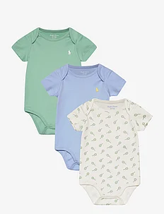 Tennis-Print Cotton Bodysuit 3-Pack, Ralph Lauren Baby