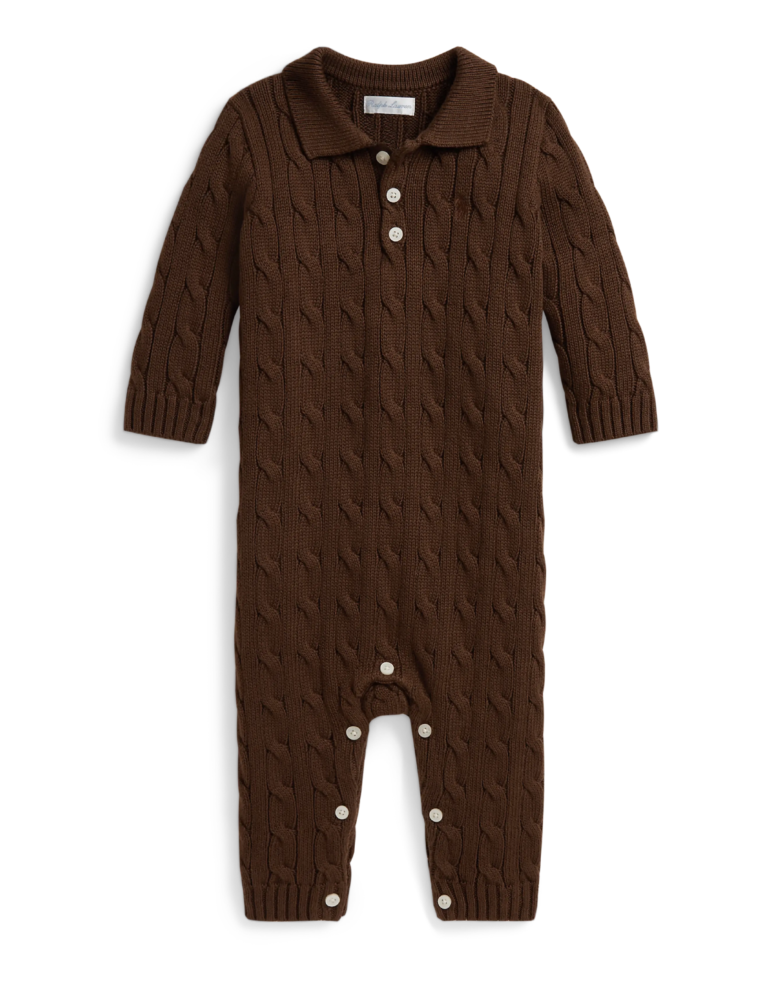 Ralph Lauren Baby Cable-Knit Cotton Polo Coverall, 70-74, Brown, Bodys > Langærmede, Børn