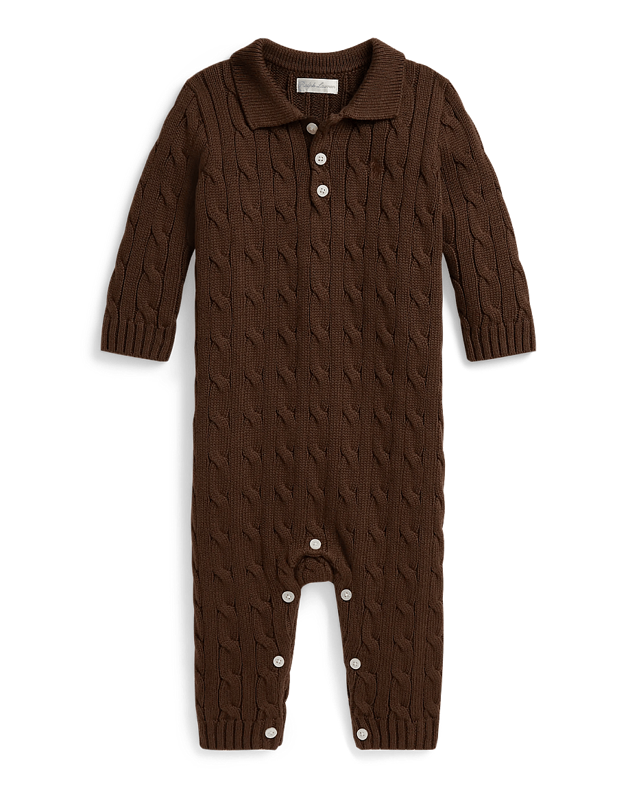 Ralph Lauren Baby - Cable-Knit Cotton Polo Coverall - langärmelige bodys - chocolate mousse - 0