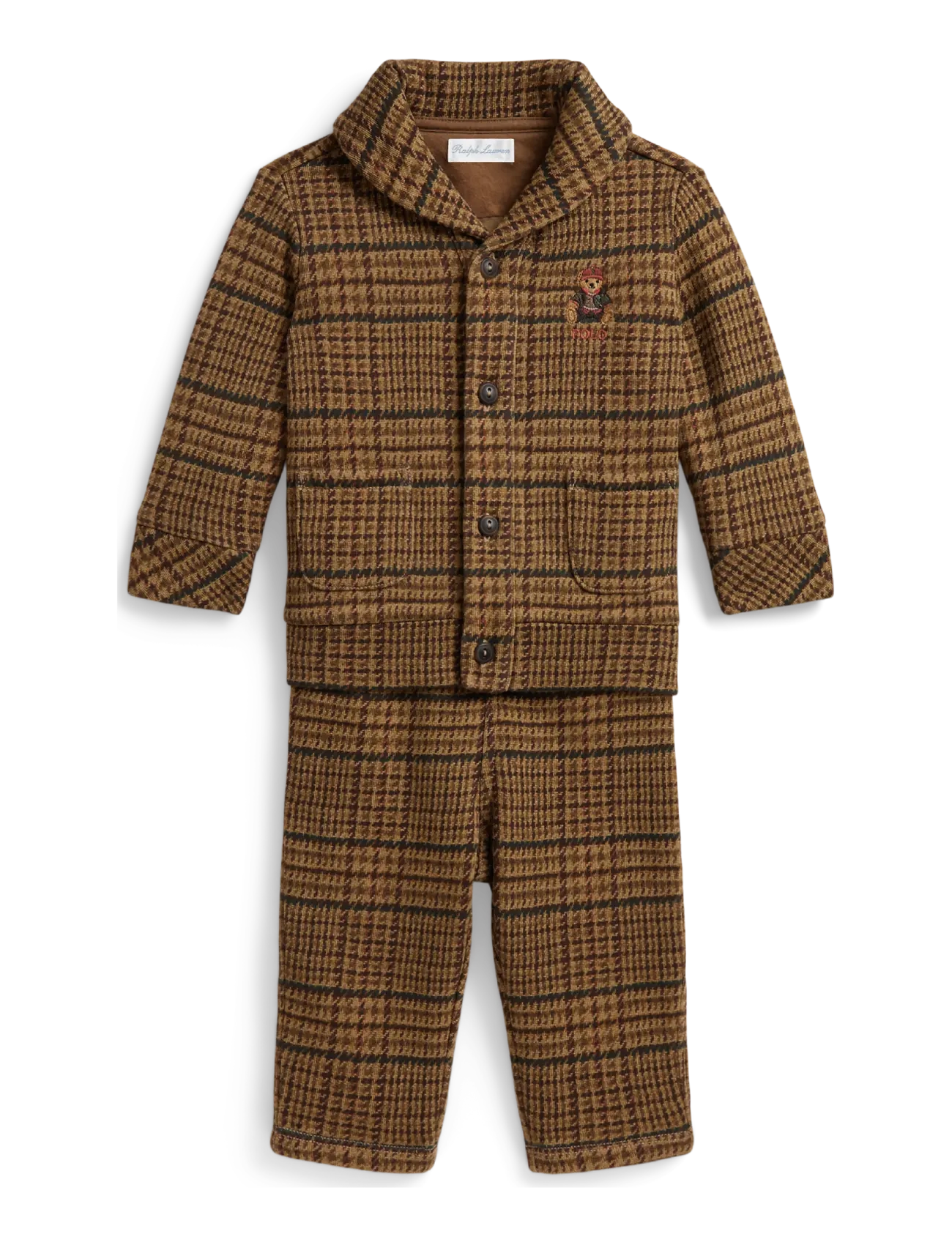 Ralph Lauren Baby Prt Seasonal Fleece-Knt-Outfit Set, Børn, Ternet Outfitsæt, Brun, Str: 80-83