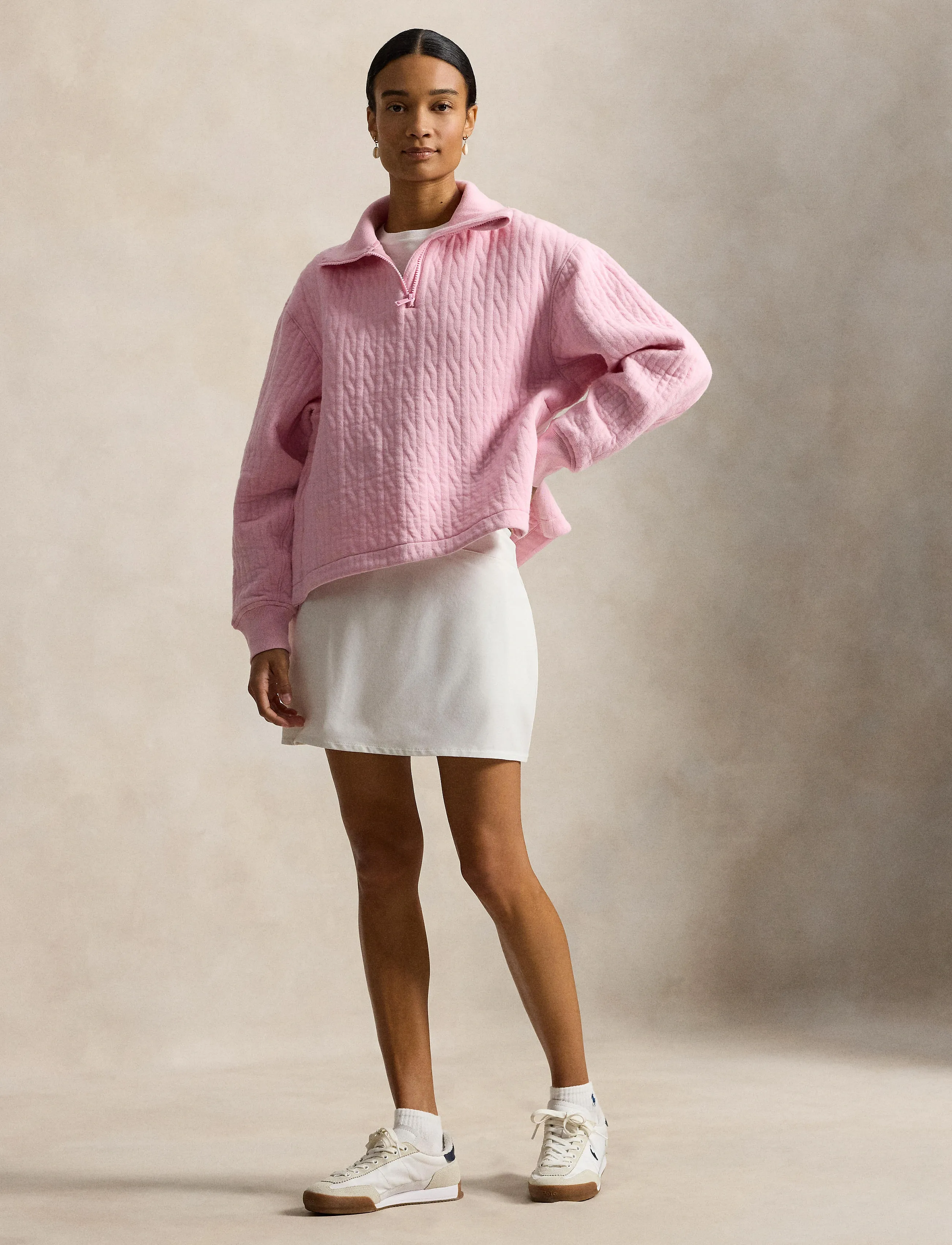 Ralph Lauren Golf Cable-Quilted Quarter-Zip, Kvinder, Quarter-Zip Sweatshirt, Pink, Str: XL