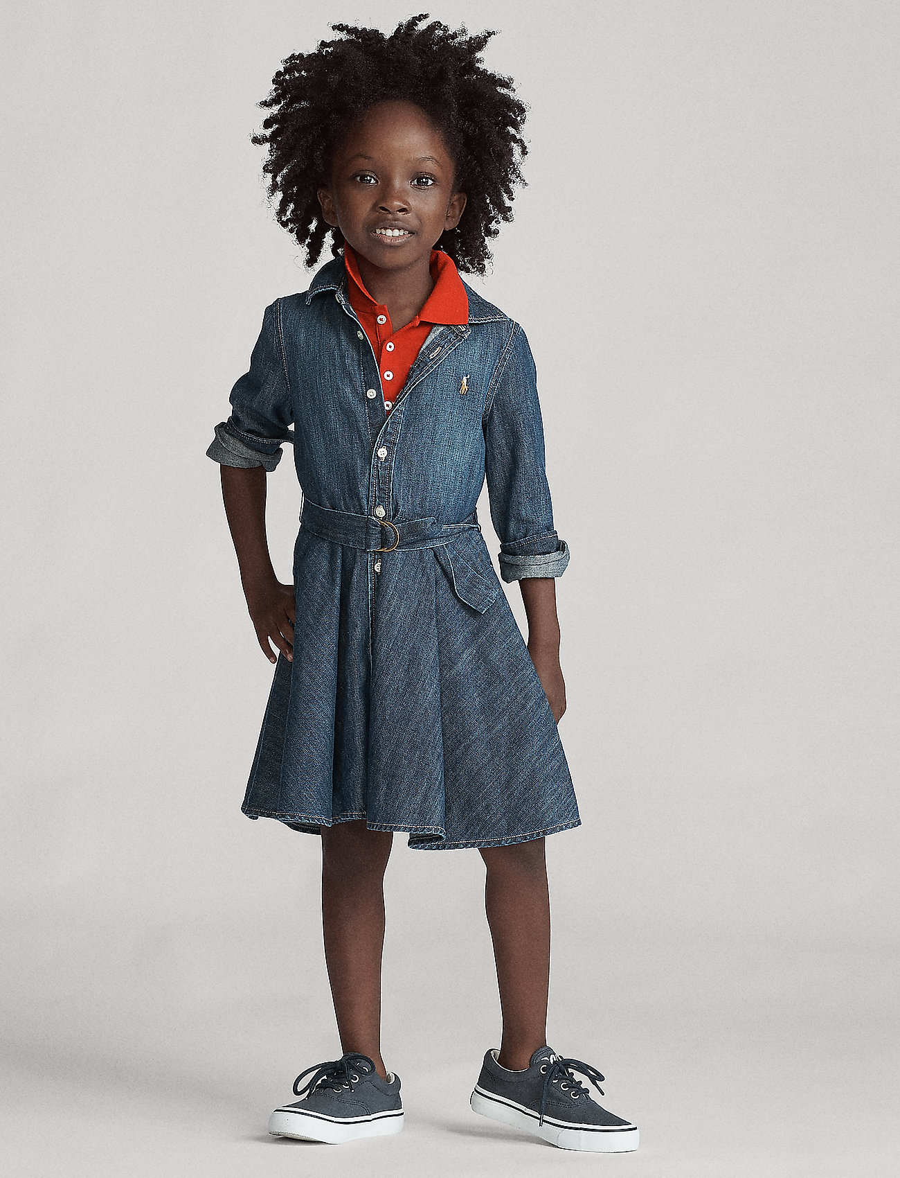 Ralph Lauren Kids - Belted Cotton Denim Shirtdress - langærmede hverdagskjoler - indigo - 0